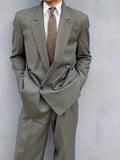 Versace 1980s Peak Lapel Double Breasted Pleated Draped Wool Green Suit - Size M Jacket / 31" Waist