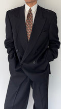 Louis Feraud Armani 1990s Peaked Lapel Pleated Double Breasted Wool Navy Suit - Size XXL Jacket / 38" Waist