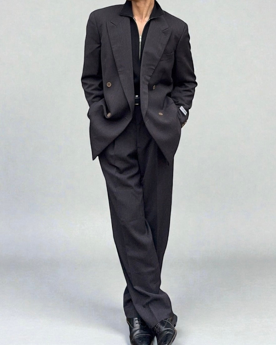 Giorgio Armani 1980s Double Breasted Pleated Wool Suit Espresso Charcoal New - Size L Jacket / 32" Waist