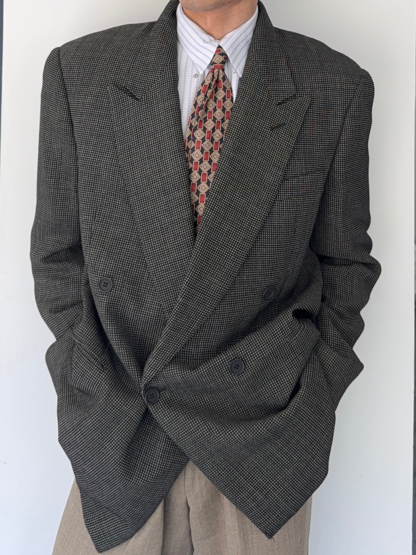 Giorgio Armani 1980s Peaked Lapel Double Breasted Textured Wool Sports Jacket Blazer - Size XXL