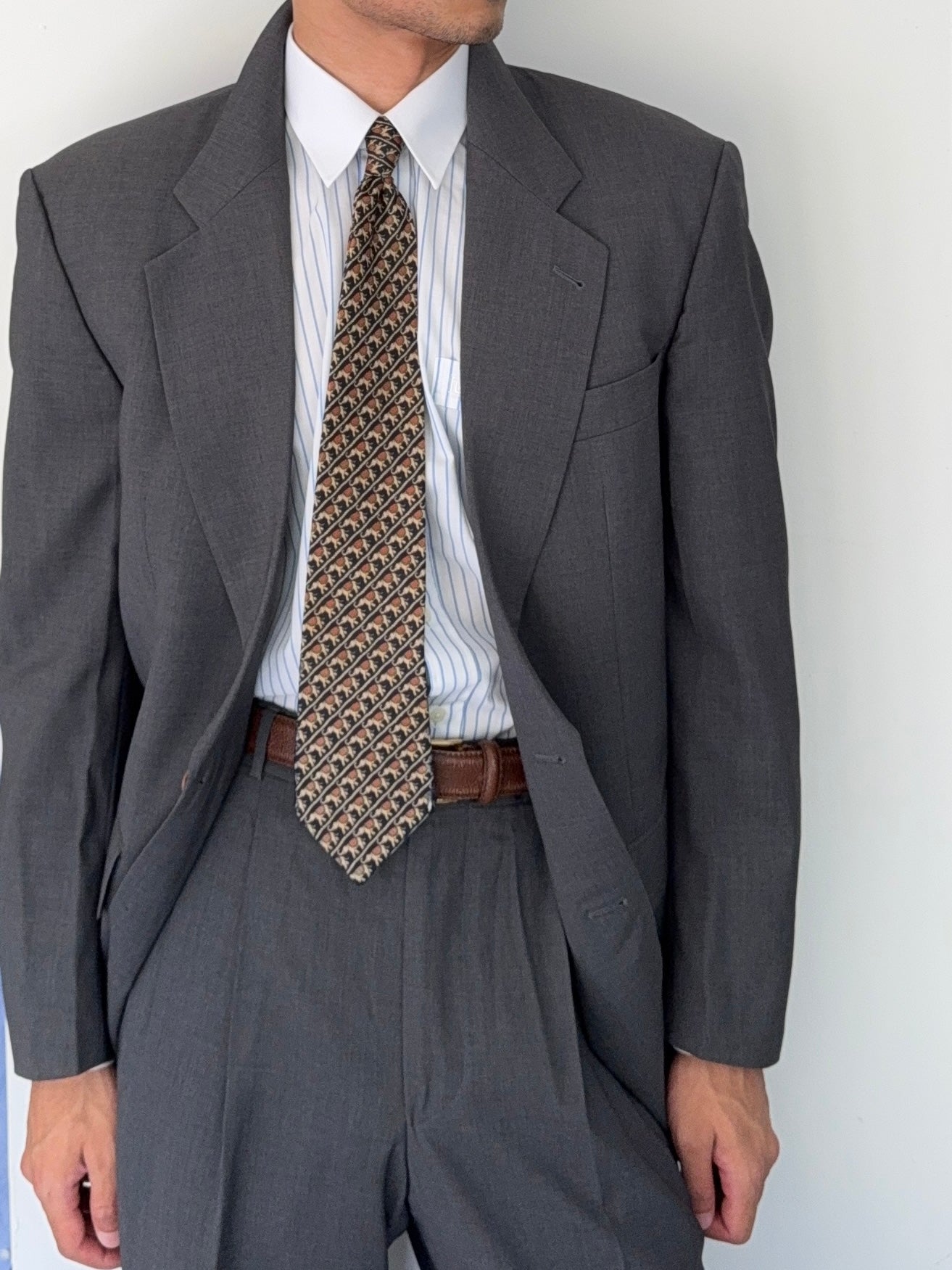 Hugo Boss 1990s 'Akropolis' 2B Zegna Fabric Pleated Wool Grey Suit - Size M Jacket / 32" Waist