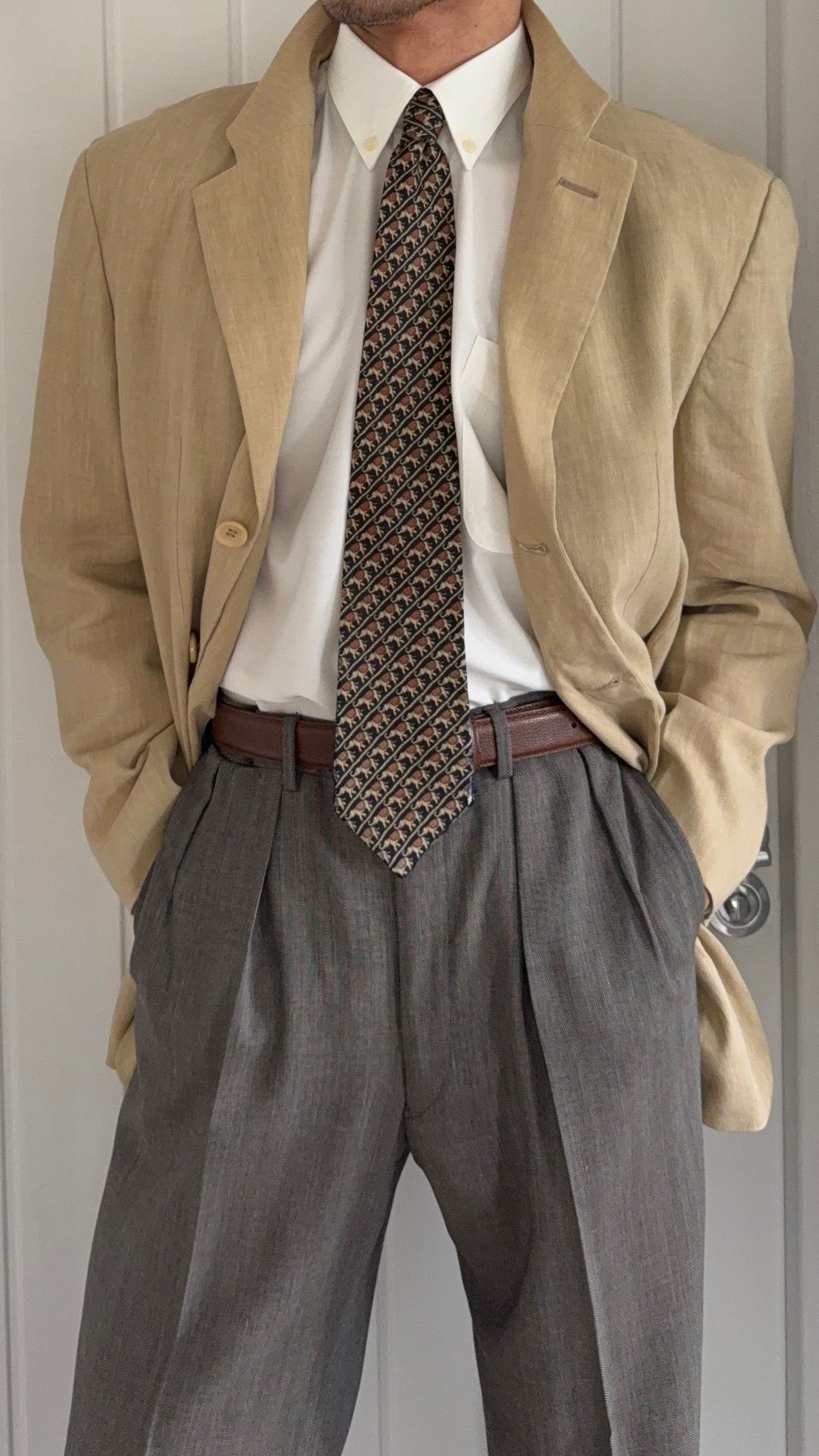 Armani 1990s 3B Linen Beige Sport Jacket Blazer - Size L