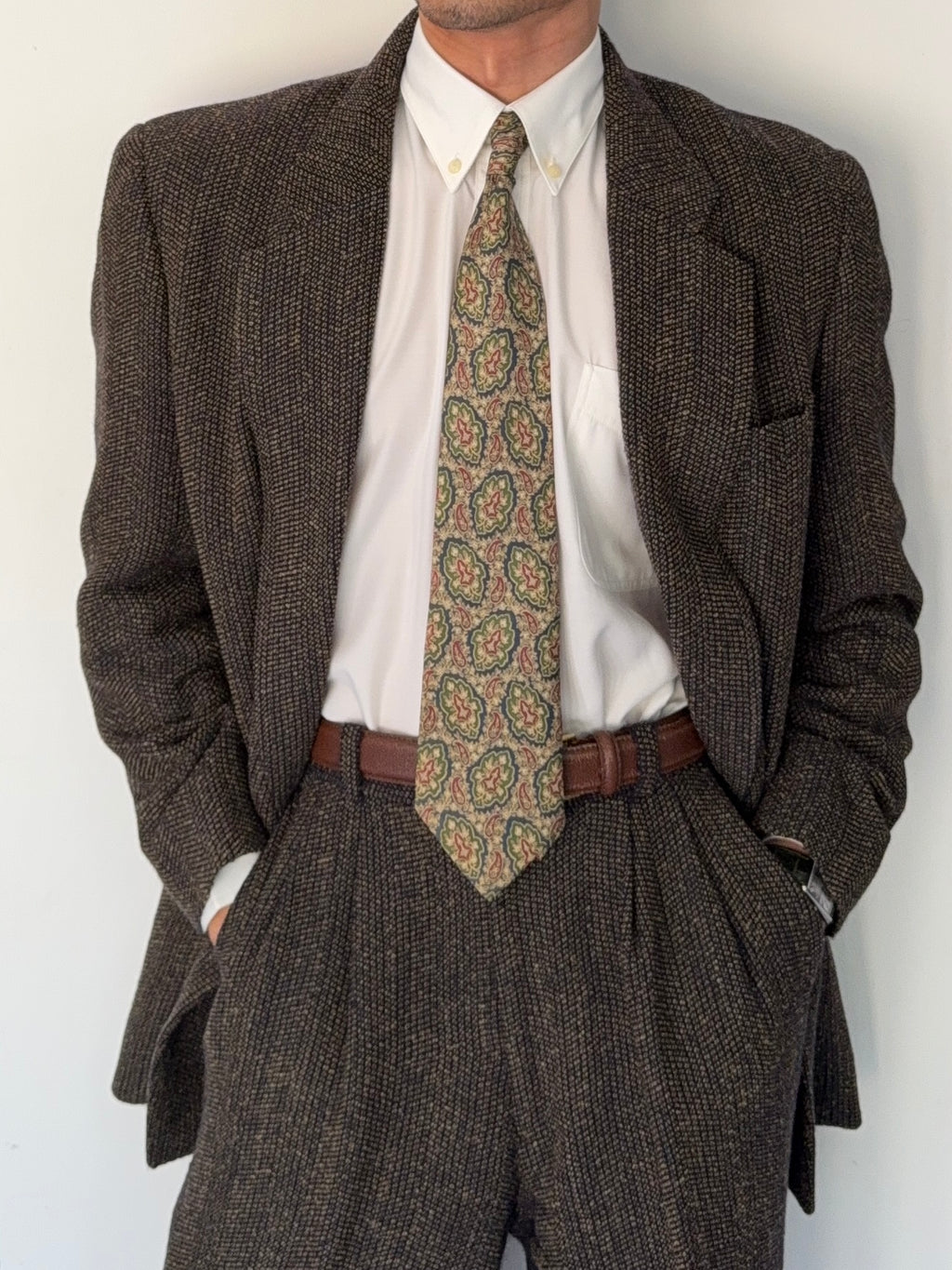 Umberto Ginocchietti 1980s Double Breasted Pleated Wool Textured Suit Brown - Size M Jacket / 30" Waist
