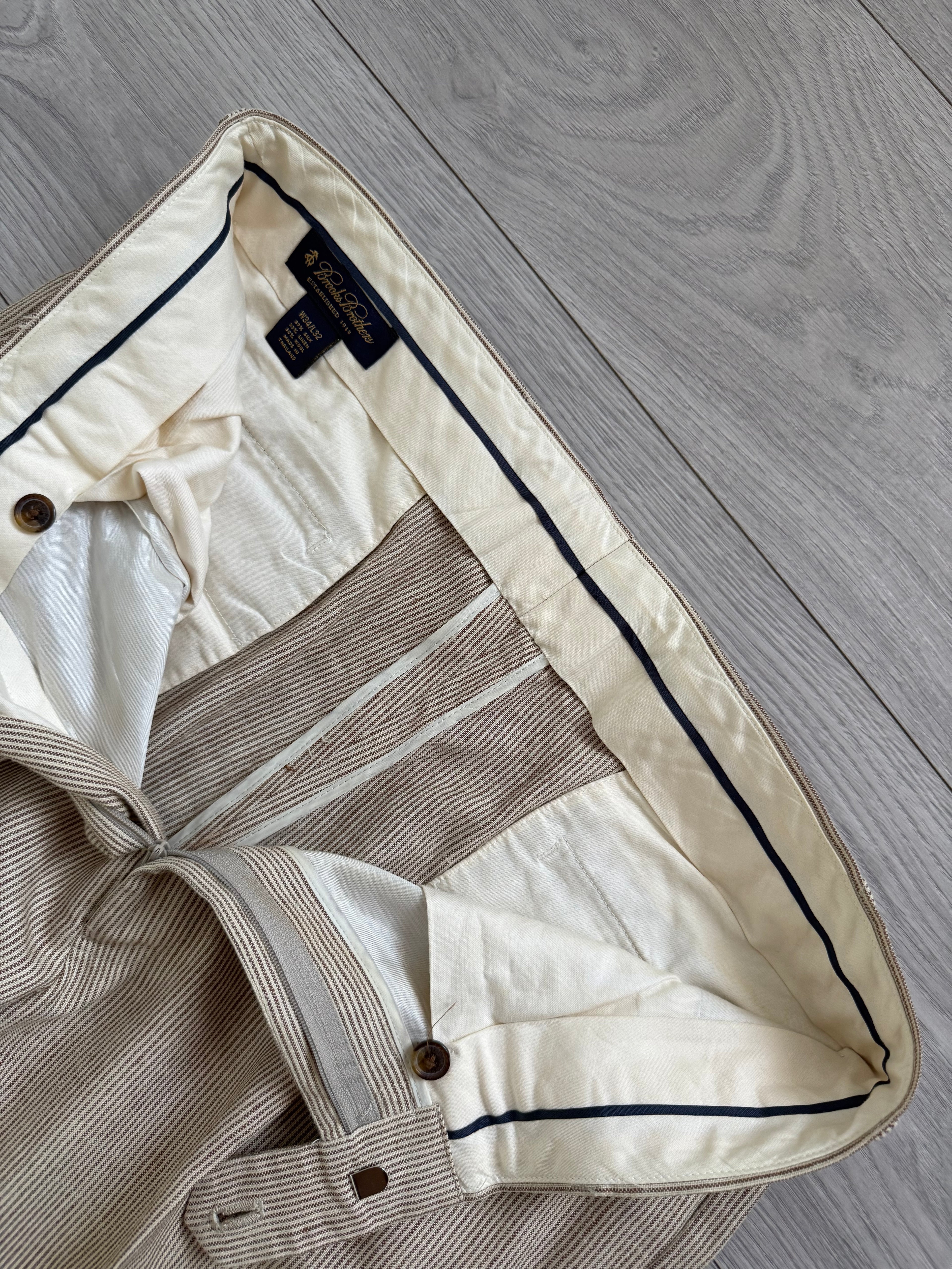 Brooks Brothers 1990s Pleated Wool Silk Linen Seersucker Beige Pants - Size 34" Waist