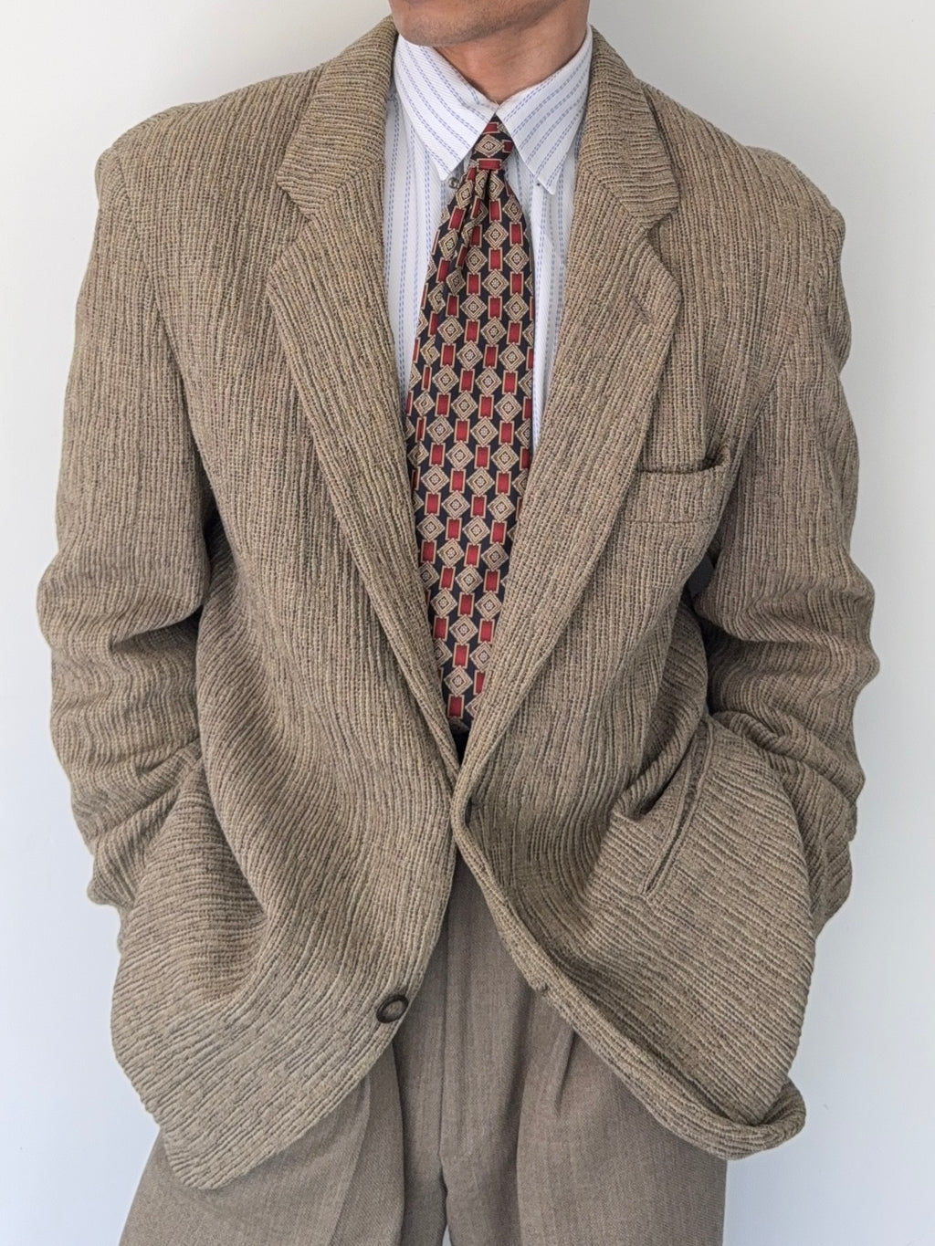 Emporio Armani 1990s 3D 'Tree Bark' Textured Wool Rayon Sports Jacket Blazer - Size L