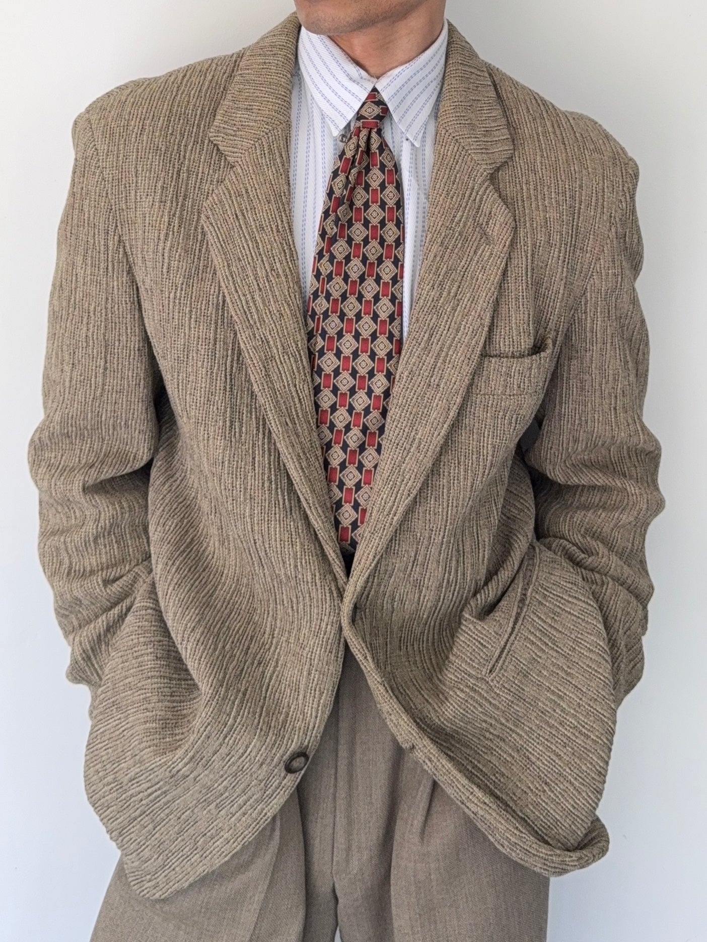 Emporio Armani 1990s 3D 'Tree Bark' Textured Wool Rayon Sports Jacket Blazer - Size L