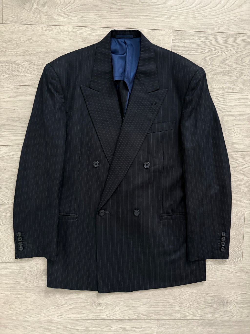 Yves Saint Laurent 1990s Double Breasted Pleated Striped Wool Navy Suit - Size M Jacket / 30" Waist