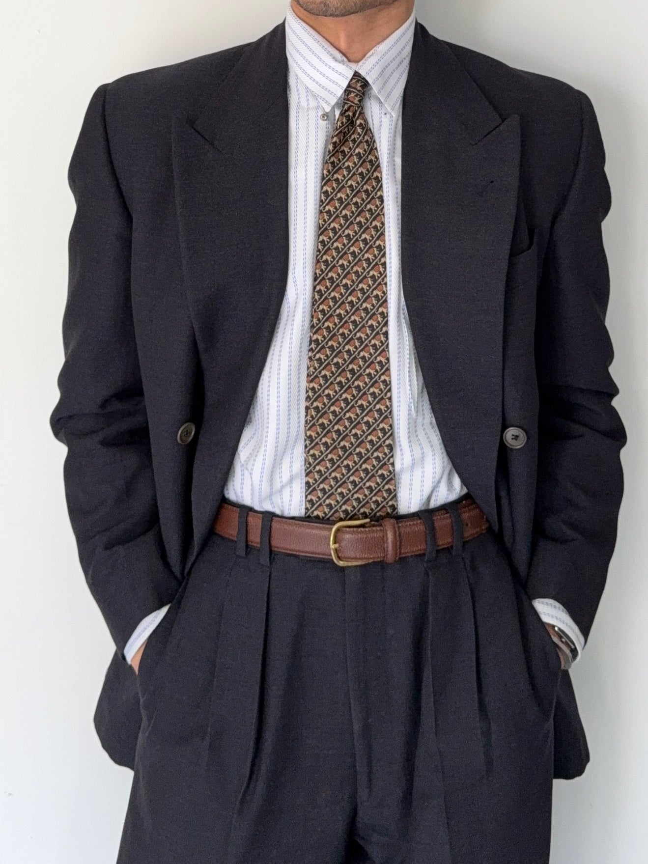 Krizia Armani 1990s Peaked Lapel Double Breasted Pleated Wool Suit Navy - Size M Jacket / 31" Waist