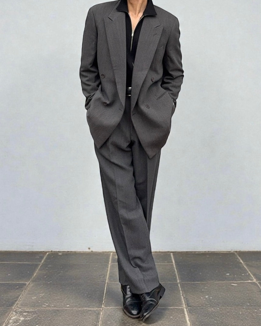 Giorgio Armani 1980s Double Breasted Pleated Wool Suit Grey New - Size L Jacket / 32" Waist