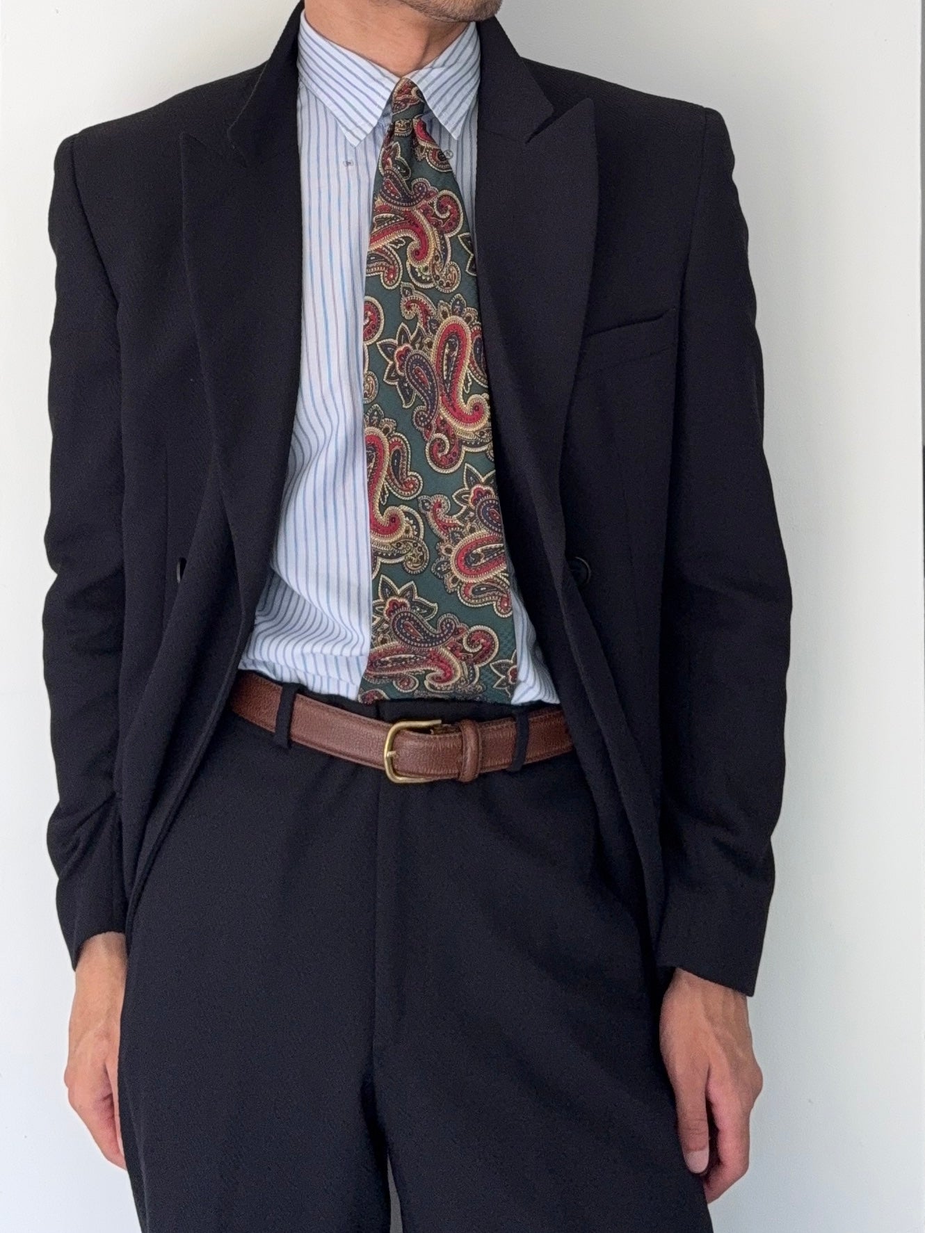 Emporio Armani 1990s 6B Peaked Lapel Double Breasted Herringbone Wool Suit Navy - Size S Jacket / 30" Waist