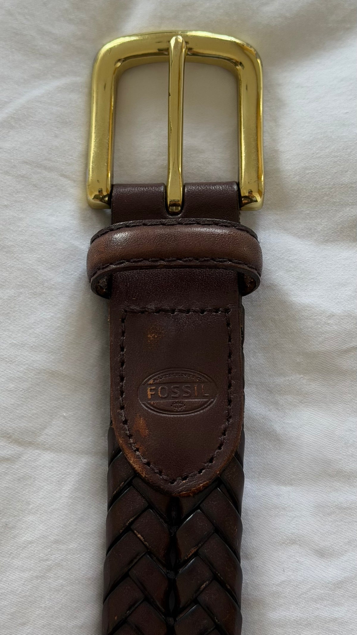 Fossil 1990s Gold Buckle Braided Leather Belt Brown - One Size
