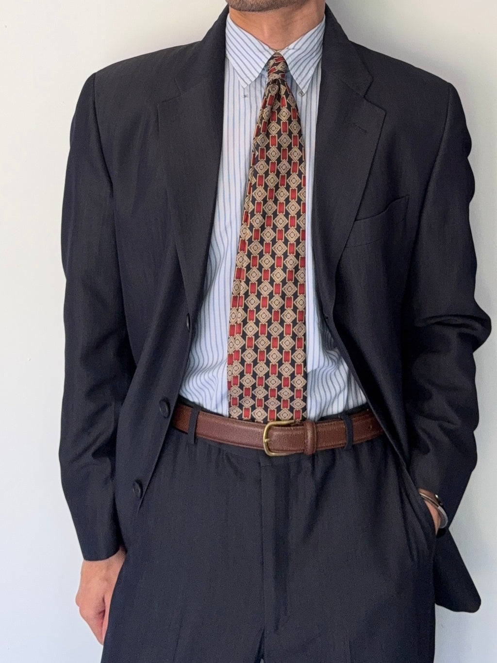 Emporio Armani 1990s 3B Wool Blend Draped Heathered Blue Suit - Size M Jacket / 32" Waist
