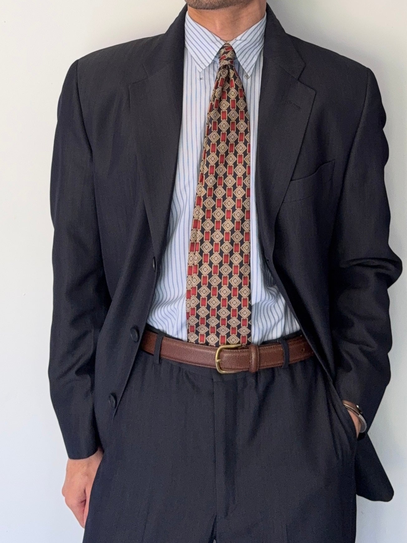 Emporio Armani 1990s 3B Wool Blend Draped Heathered Blue Suit - Size M Jacket / 32" Waist