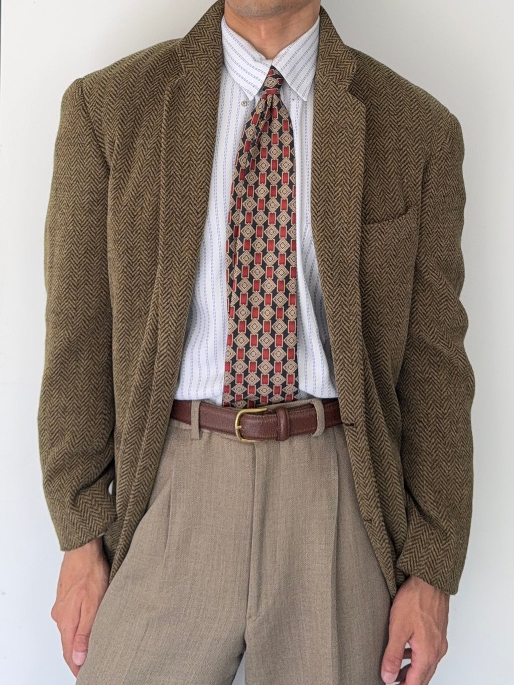 Emporio Armani 1990s 2B Herringbone Wool Textured Green Brown Sports Blazer Jacket - Size M