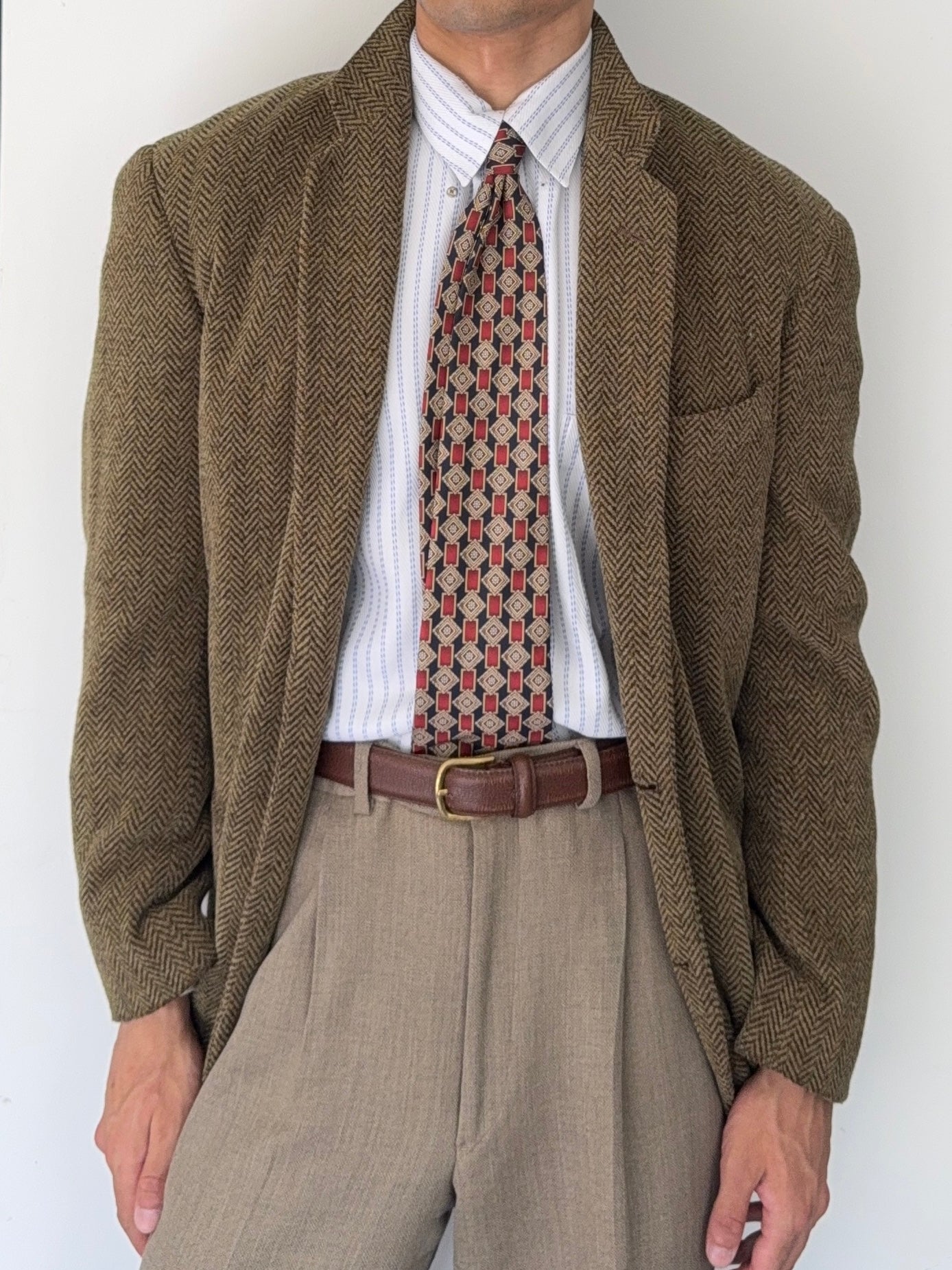 Emporio Armani 1990s 2B Herringbone Wool Textured Green Brown Sports Blazer Jacket - Size M