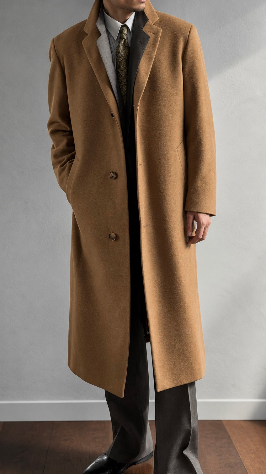 Hugo Boss 1980s Camel Brown Long Wool Overcoat Made in Italy - Size L