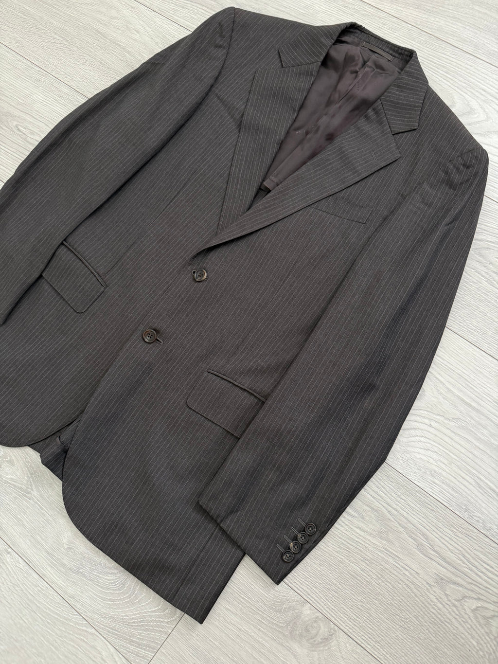 Burberry 1990s 2B Striped Wool Double-Pleat Espresso Grey Suit - Size M Jacket / 33" Waist