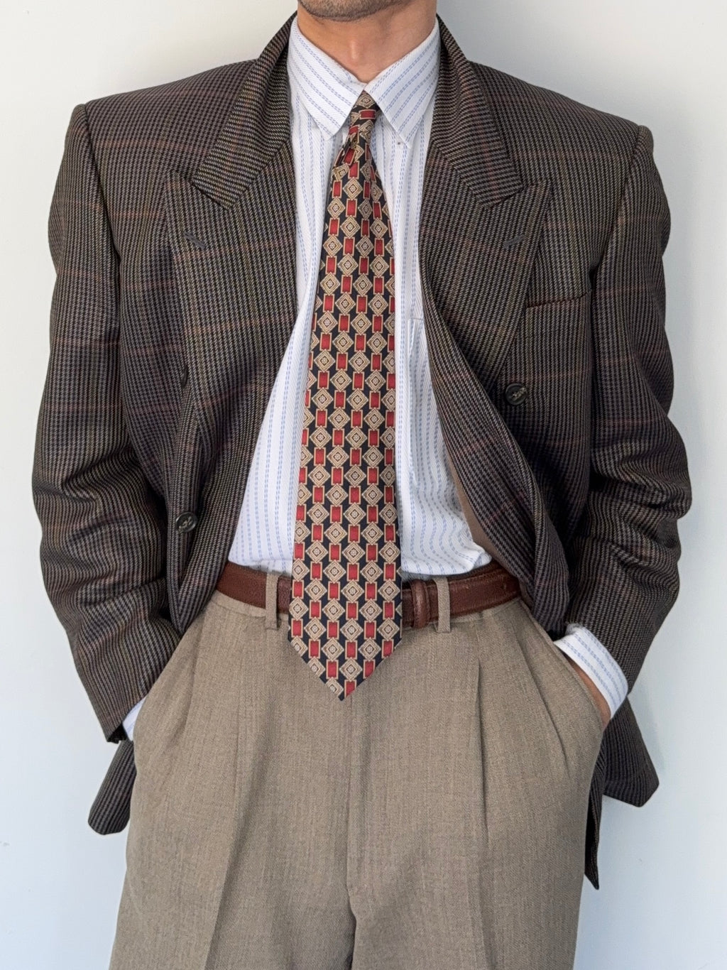 Givenchy 1980s Wool Check Peaked Lapel Double Breasted Sports Jacket Blazer - Size XL