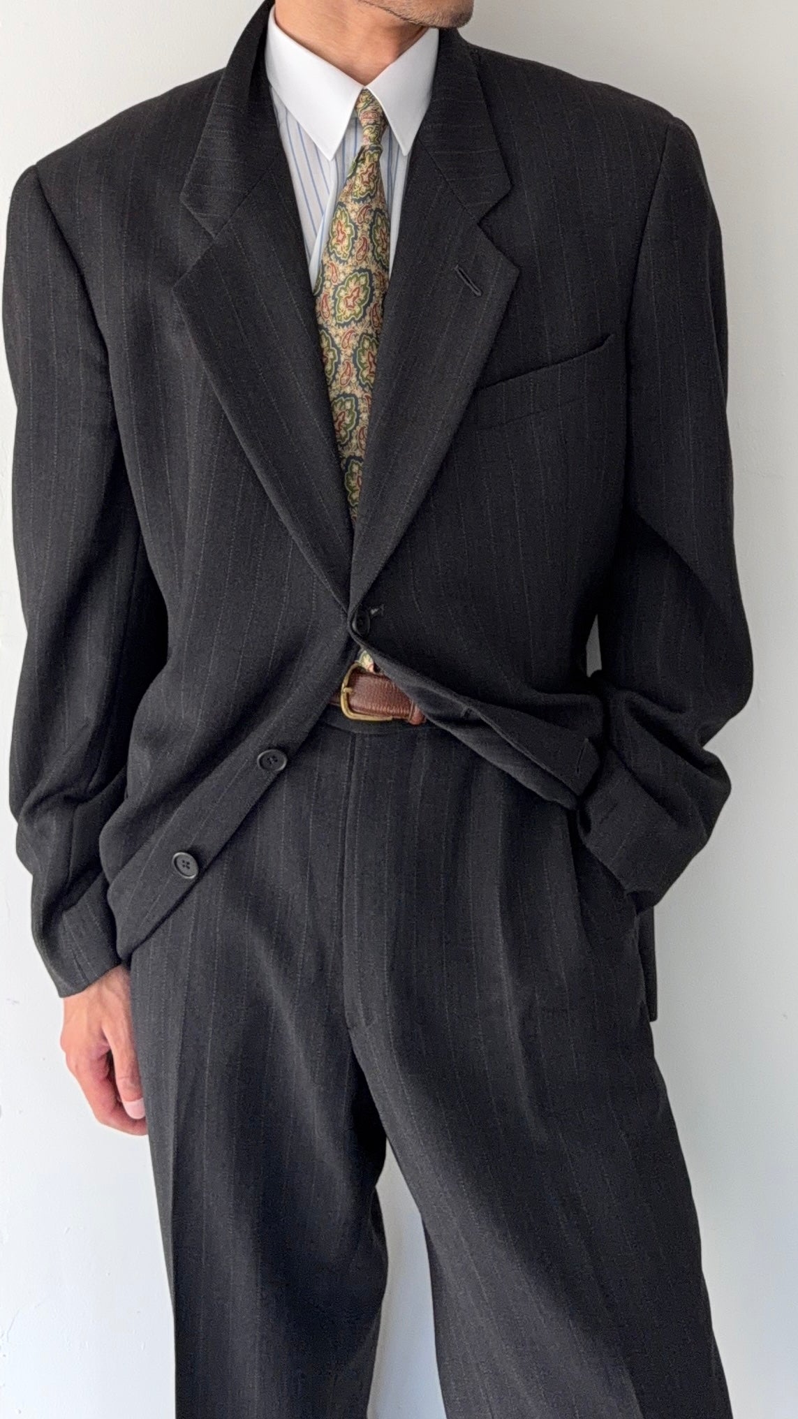 Giorgio Armani 1980s 3B Draped Textured Pleated Wool Suit Grey - Size XXL Jacket / 38" Waist
