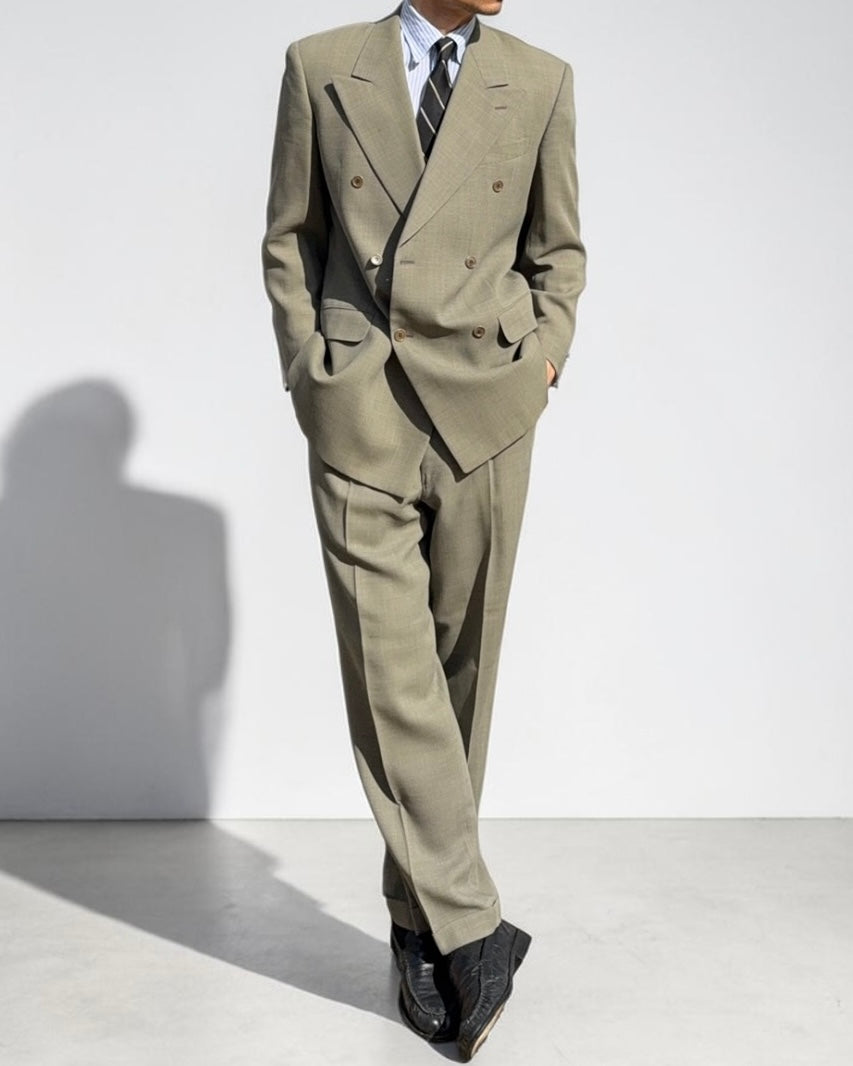 Valentino 1980s 6B Double Breasted Wool Power Suit in Taupe Olive - Size M Jacket / 32" Waist