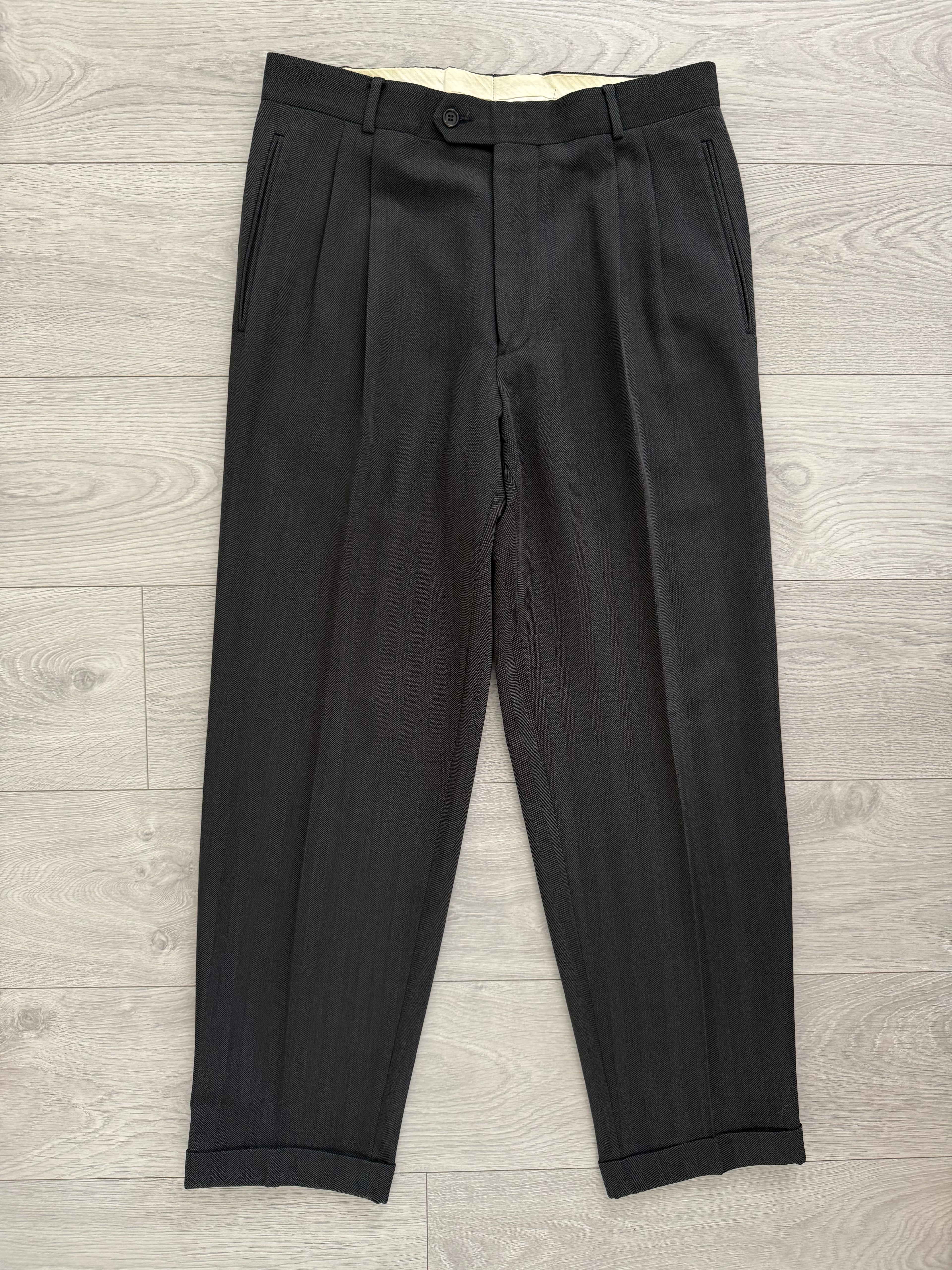 Hugo Boss 1980s 'Omega' Peaked Lapel Double Breasted Pleated Wool Herringbone Suit Grey - Size M Jacket / 32" Waist