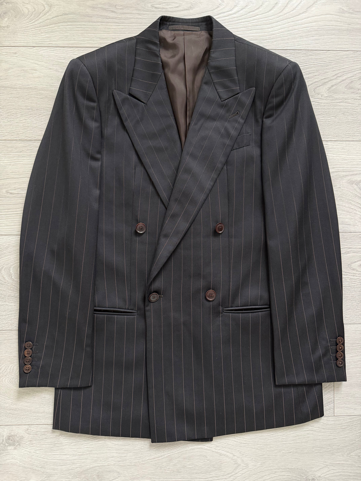 Armani 1990s Peaked Lapel Double Breasted Pleated Wool Suit Espresso Black - Size M Jacket / 32" Waist
