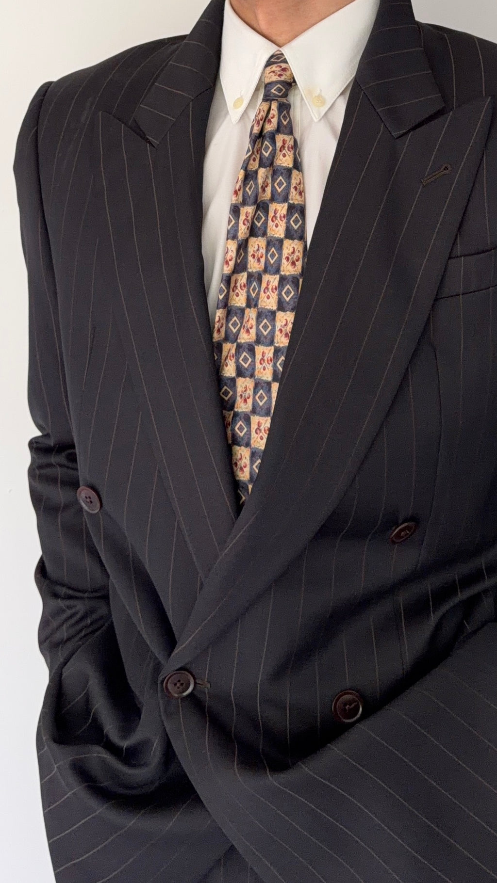 Armani 1990s Peaked Lapel Double Breasted Pleated Wool Suit Espresso Black - Size M Jacket / 32" Waist