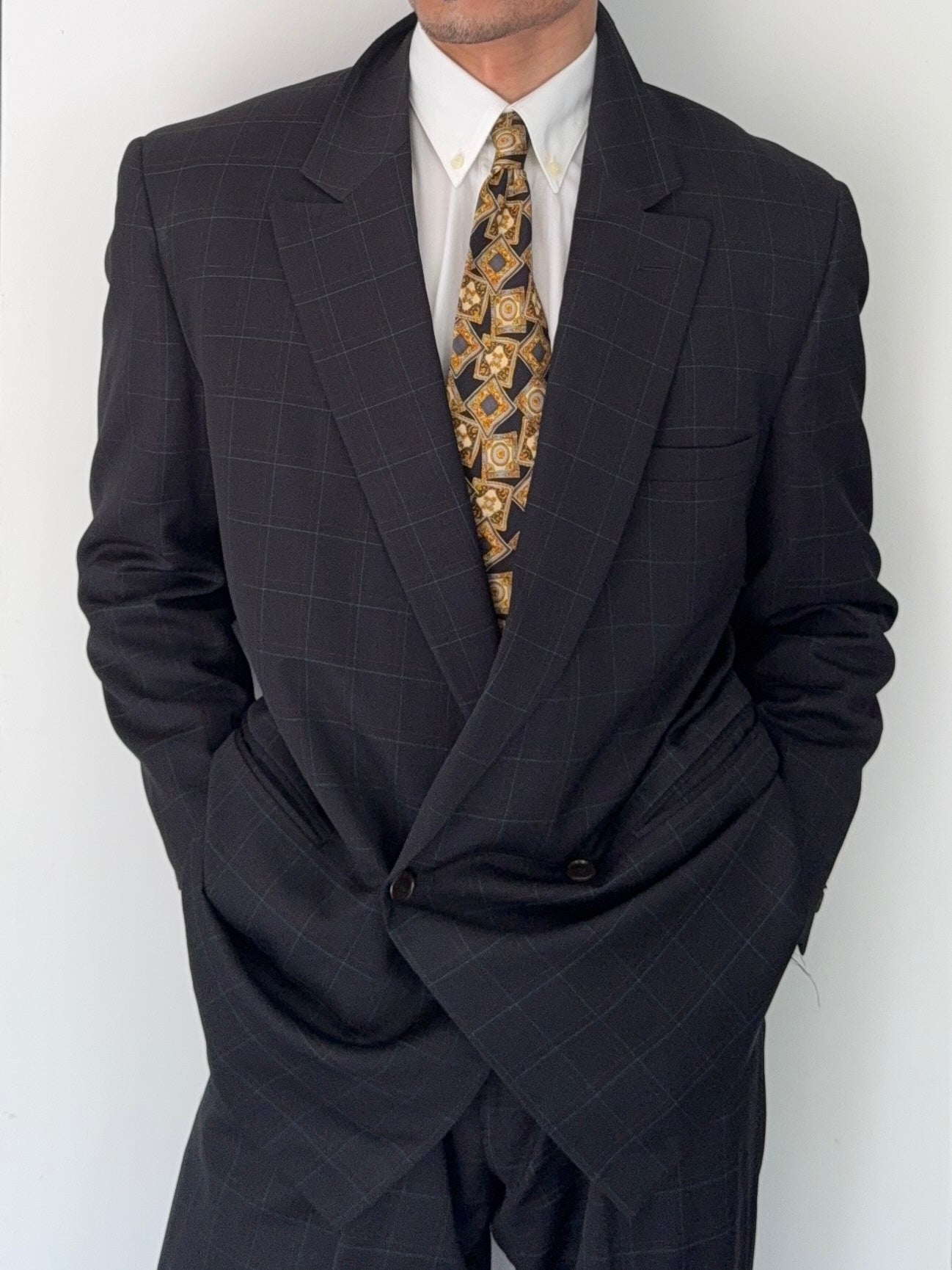 Versace 1980s Notch Lapel Double Breasted Pleated Wool Check Suit Black - Size M Jacket / 32" Waist