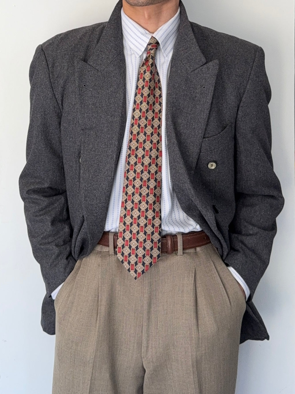 Hugo Boss 1980s 'Al Capone' Grey Peaked Lapel Double Breasted Wool Sports Jacket Blazer - Size M