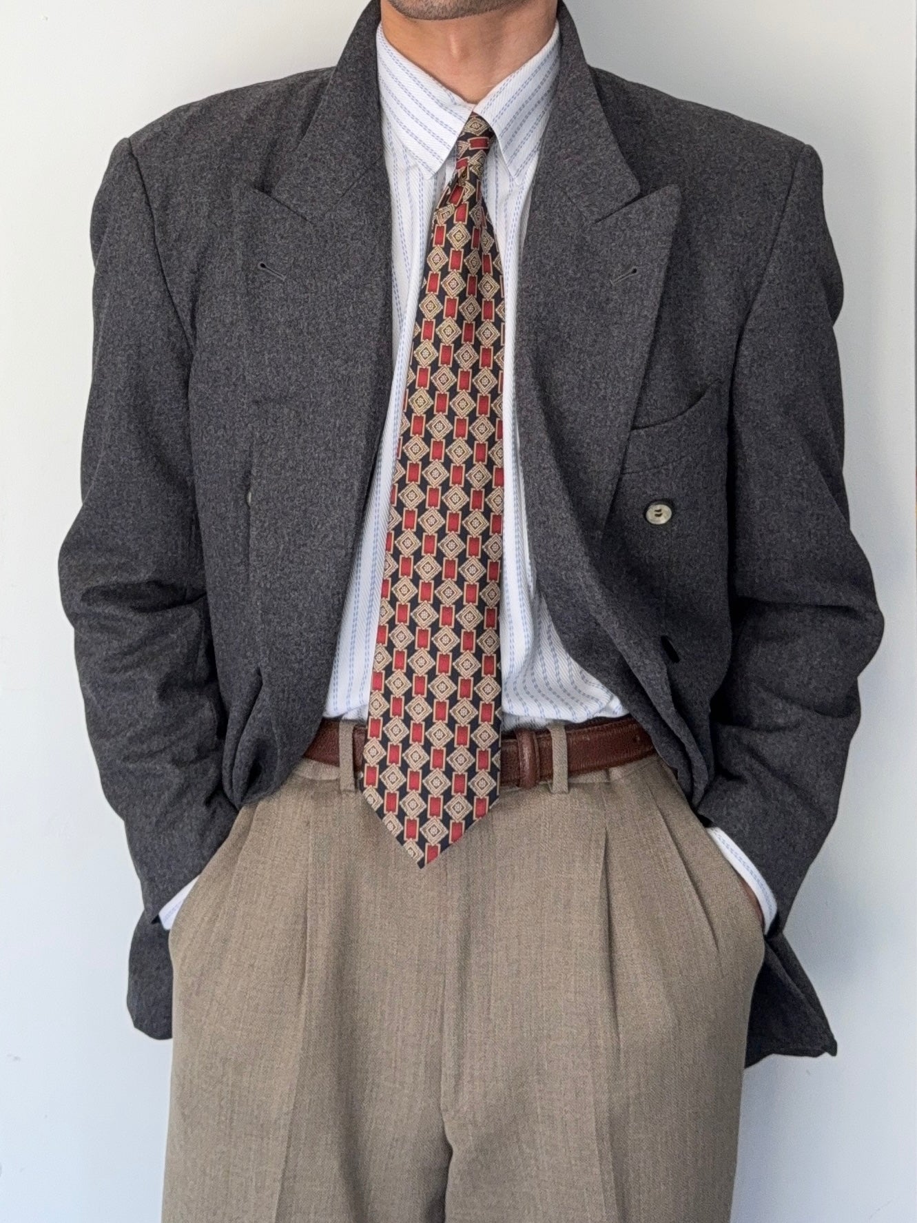 Hugo Boss 1980s 'Al Capone' Grey Peaked Lapel Double Breasted Wool Sports Jacket Blazer - Size M