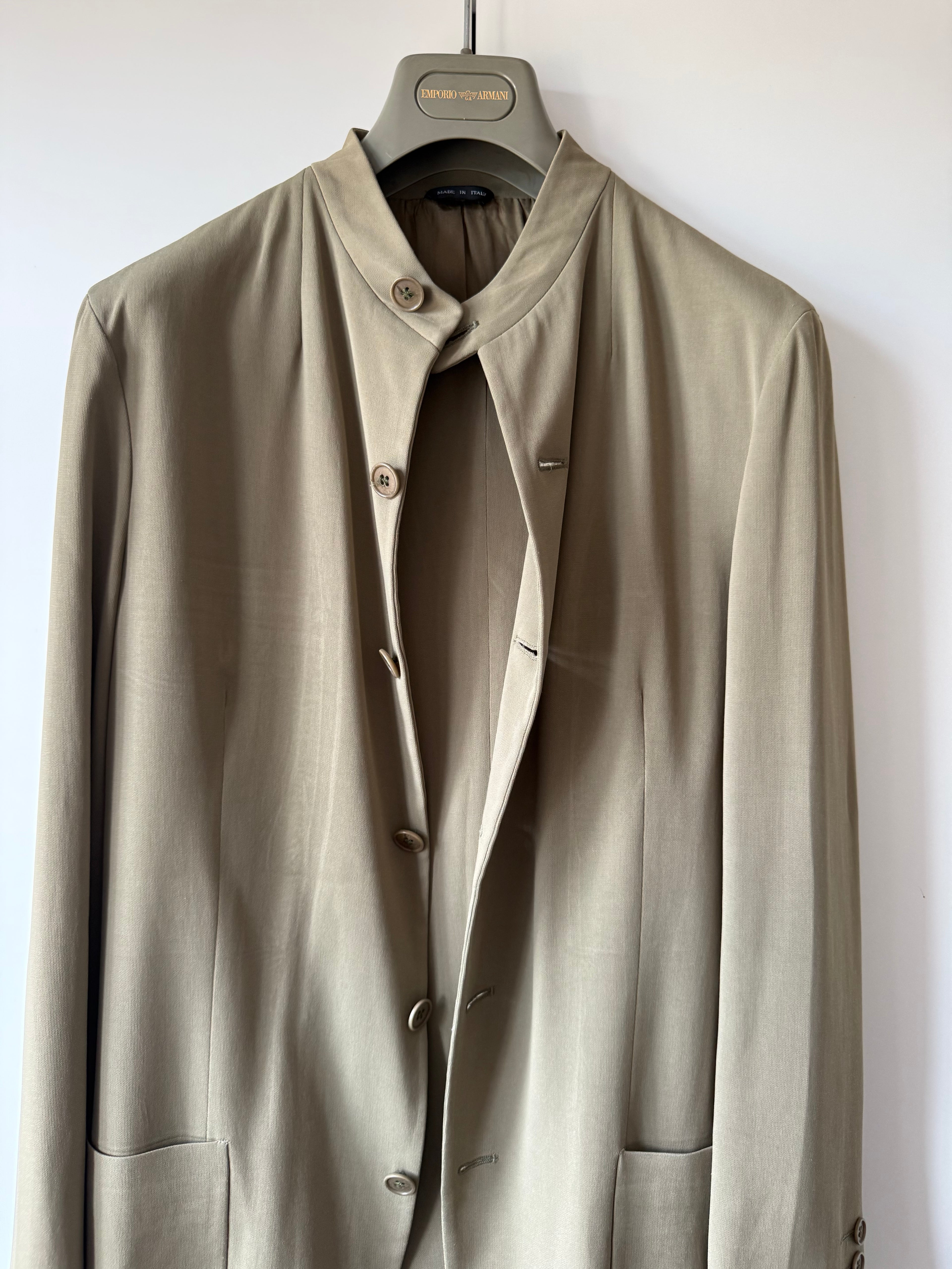 Emporio Armani AW1995 Nehru Collar Draped Khaki Taupe Suit - Size S Jacket / 30" Waist