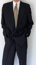Giorgio Armani 1980s Peaked Lapel Double Breasted Black Wool Pleated Lightweight Suit - Size XL Jacket / 35" Waist