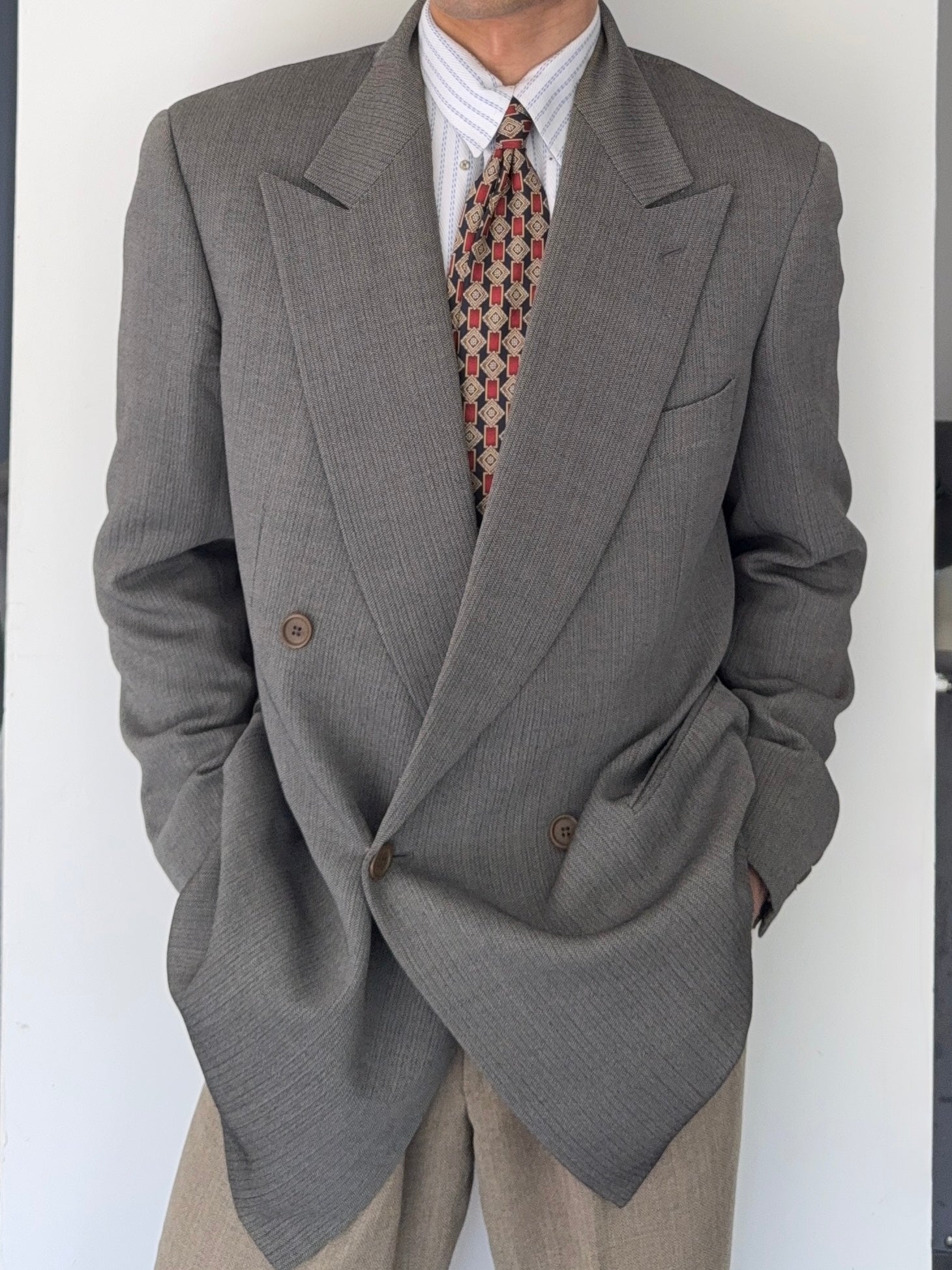 Giorgio Armani 1980s Peaked Lapel Double Breasted Textured Wool Sports Blazer Jacket - Size L