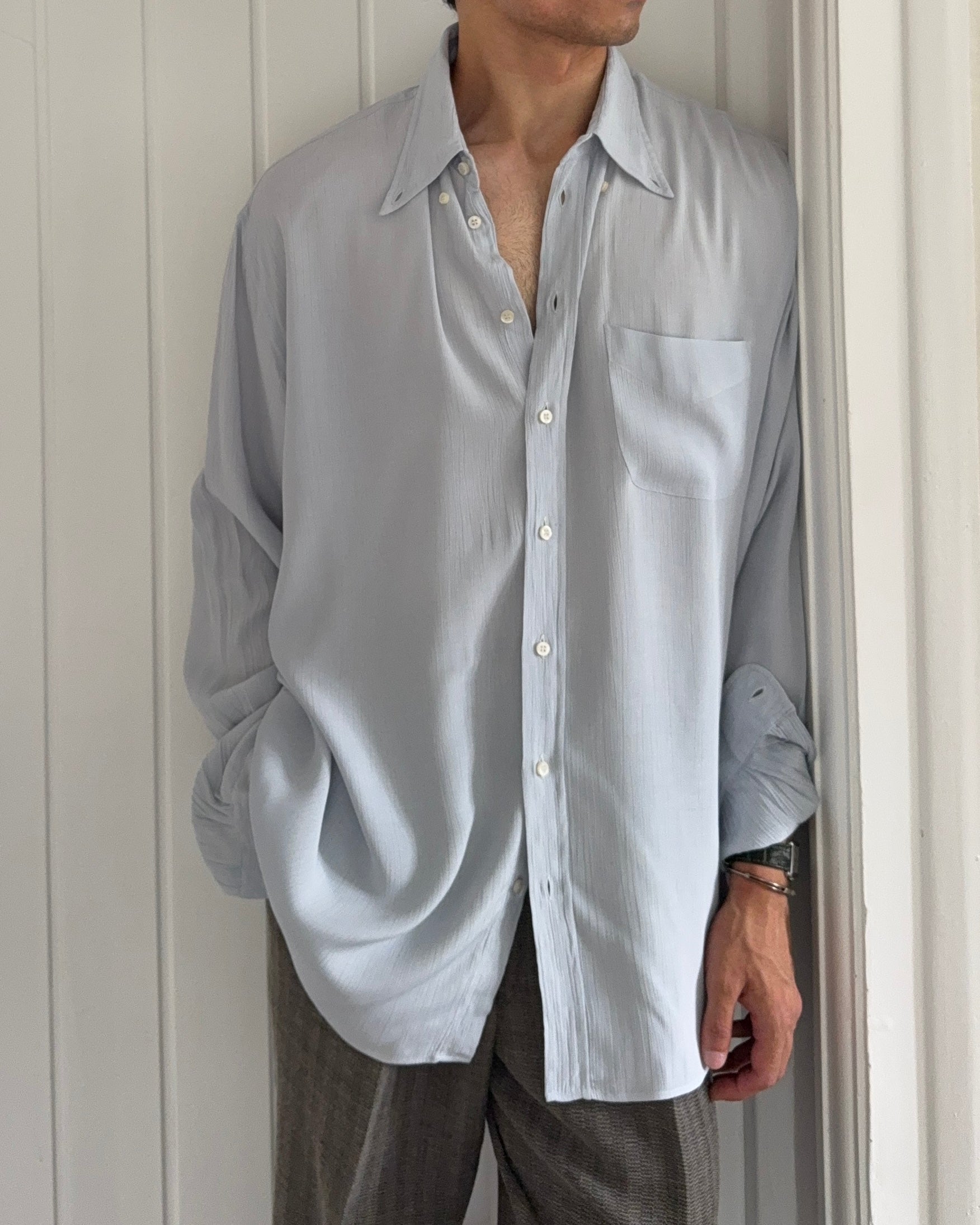 Giorgio Armani 1980s Chiffon Pleated Relaxed Blue Shirt - Size XL