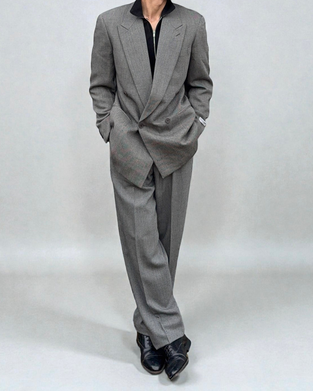 Giorgio Armani 1980s Double Breasted Pleated Wool Suit Textured Grey New - Size L Jacket / 32" Waist