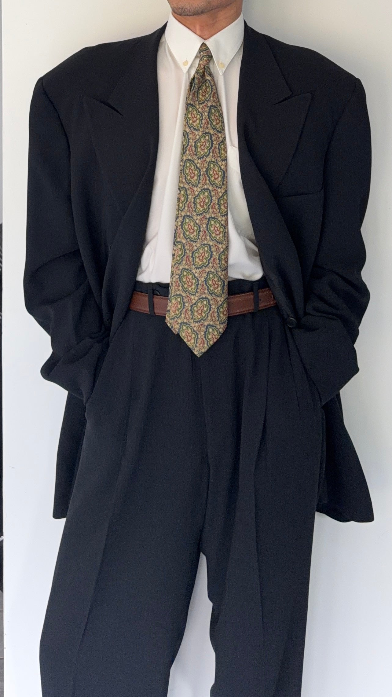 Giorgio Armani Black Label 1990s Peaked Lapel Double Breasted Pleated Wool Suit - Size XXXL Jacket / 40" Waist