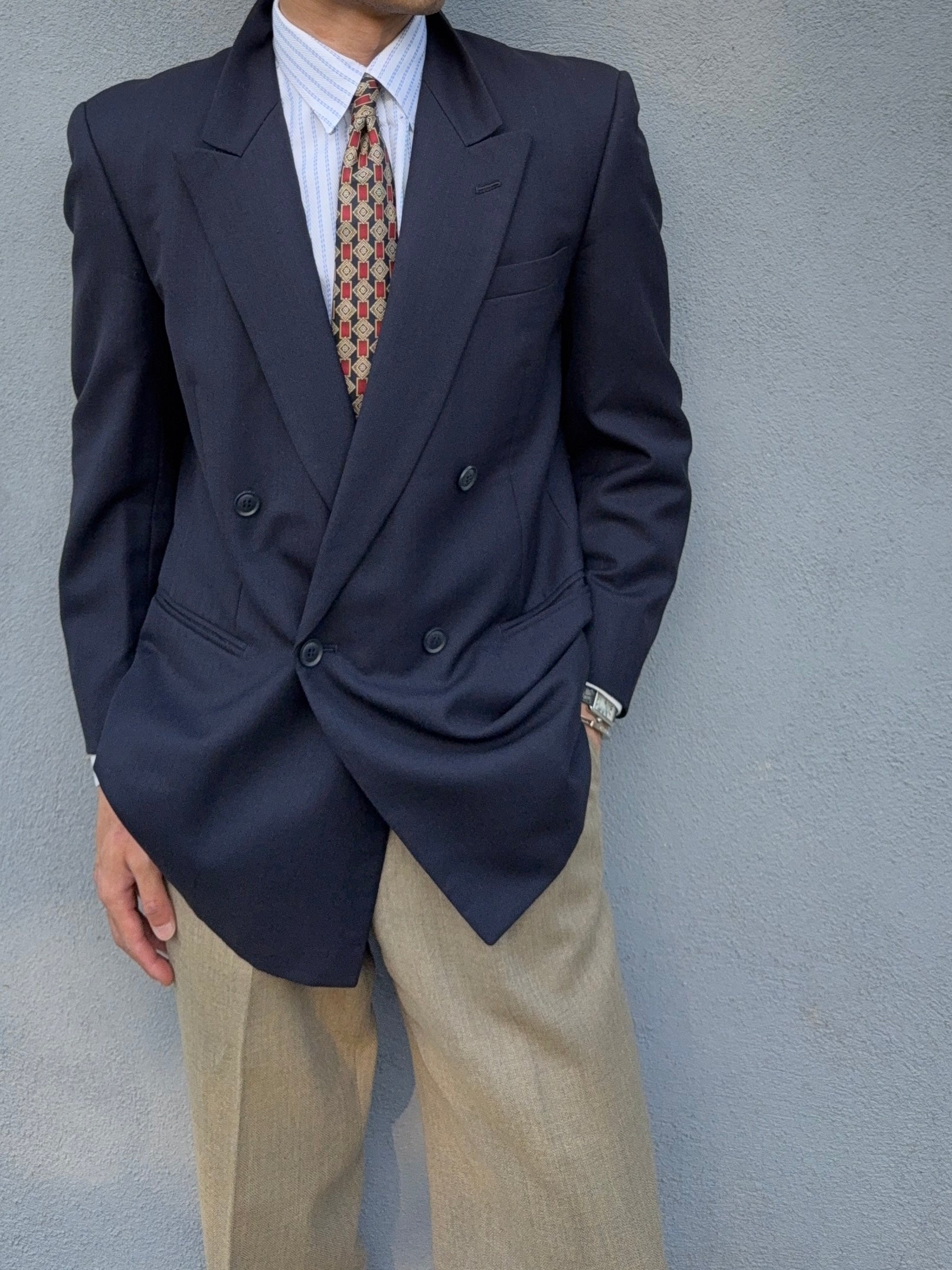 Yves Saint Laurent 1980s Double Breasted Peaked Lapel Wool Blazer Jacket Navy - Size M