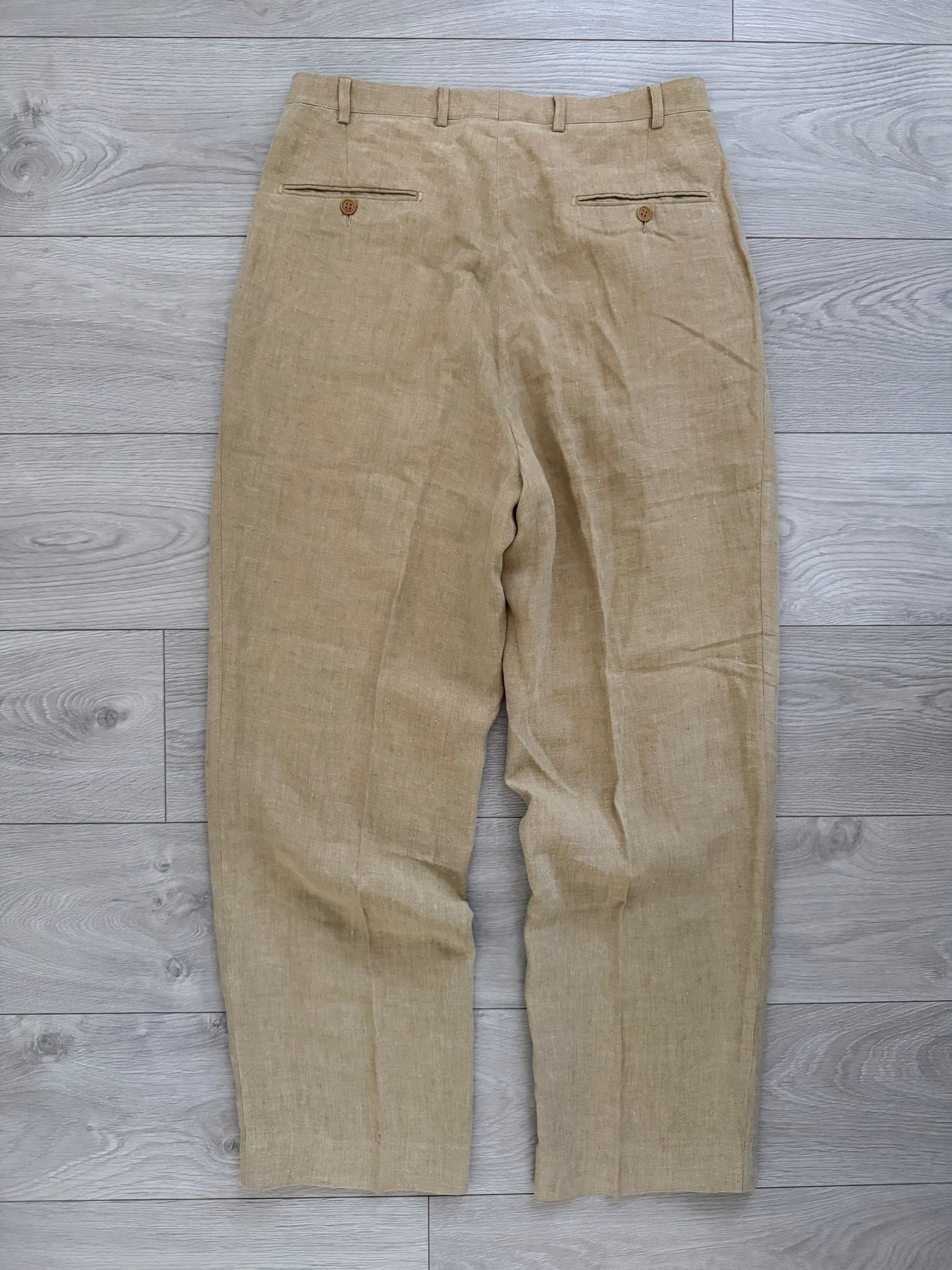 Emporio Armani 1990s Linen High Waisted Pleated Beige Pants - Size 33" Waist