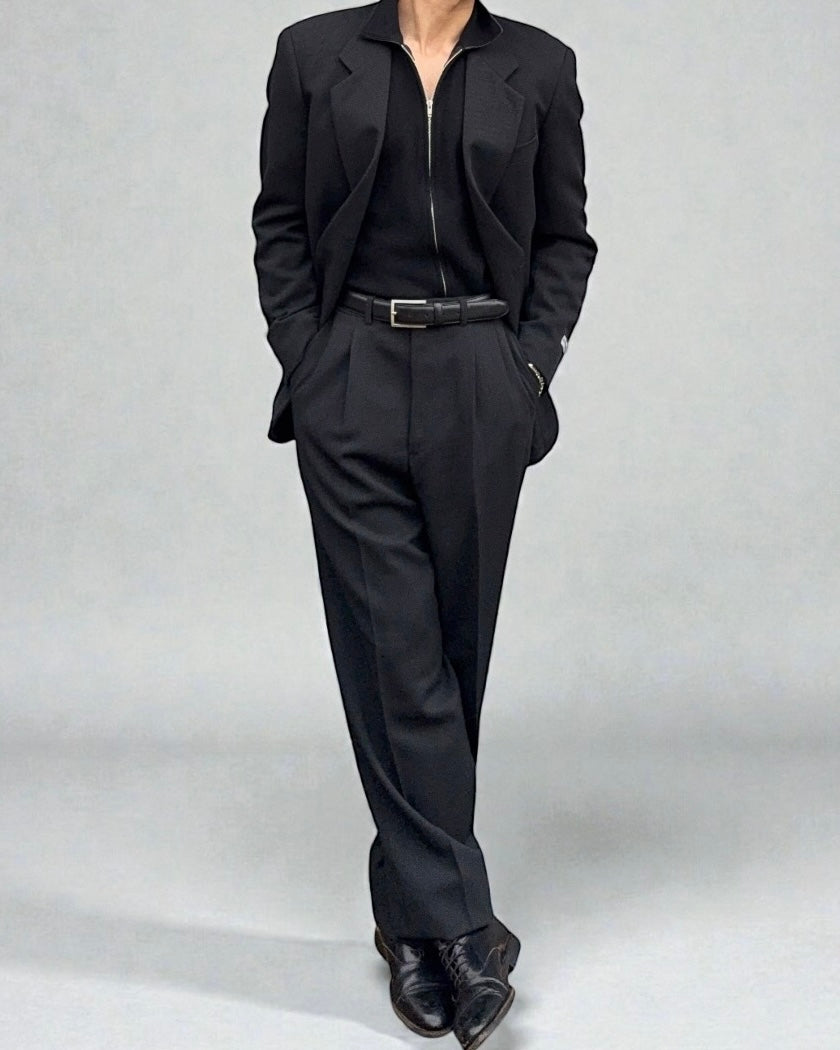 Giorgio Armani 1980s 2B Pleated Wool Suit Black New - Size L Jacket / 32" Waist