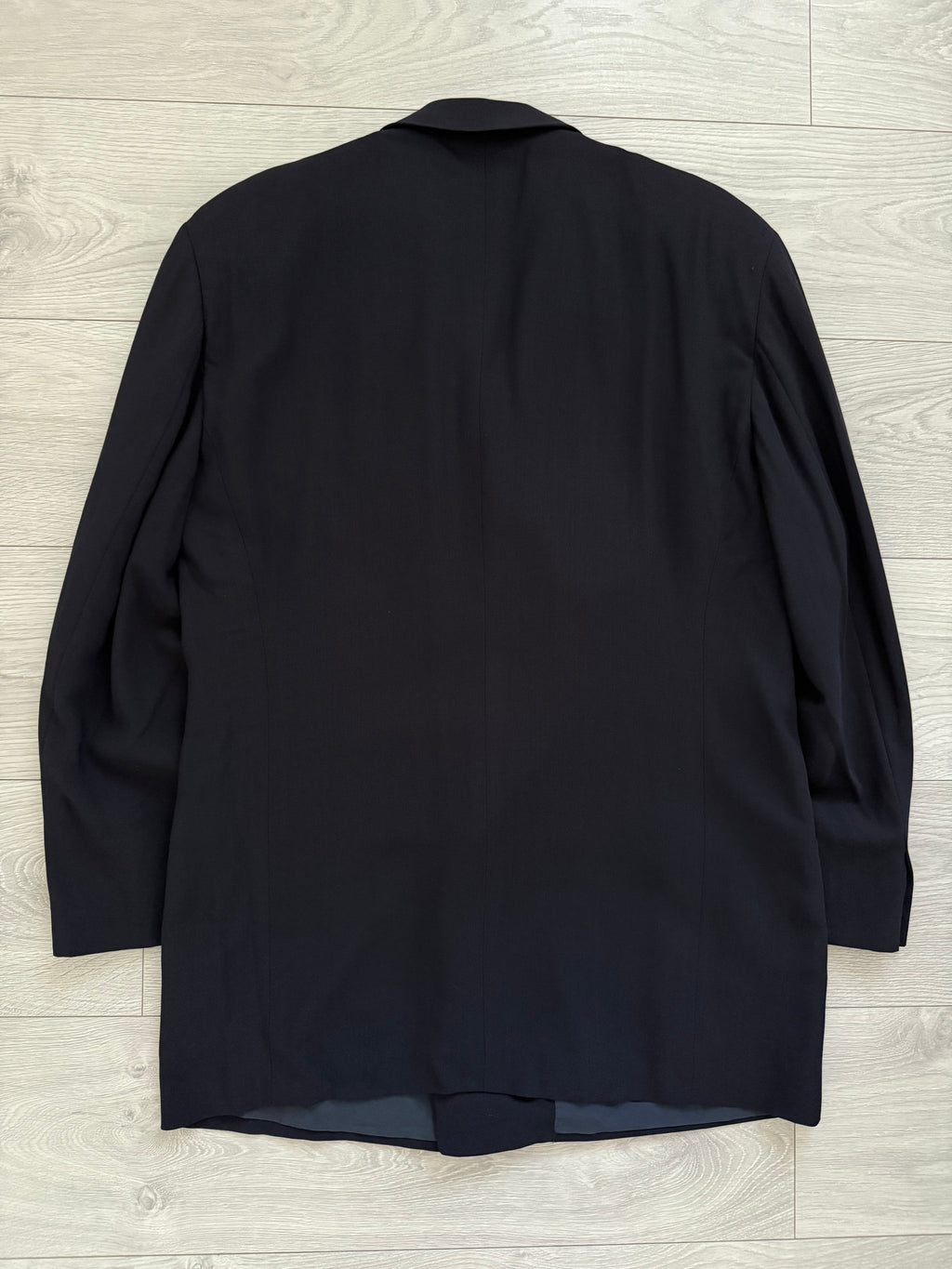 Giorgio Armani 1990s Black Label Peaked Lapel Double Breasted Navy Wool Pleated Draped Suit - Size L Jacket / 34" Waist
