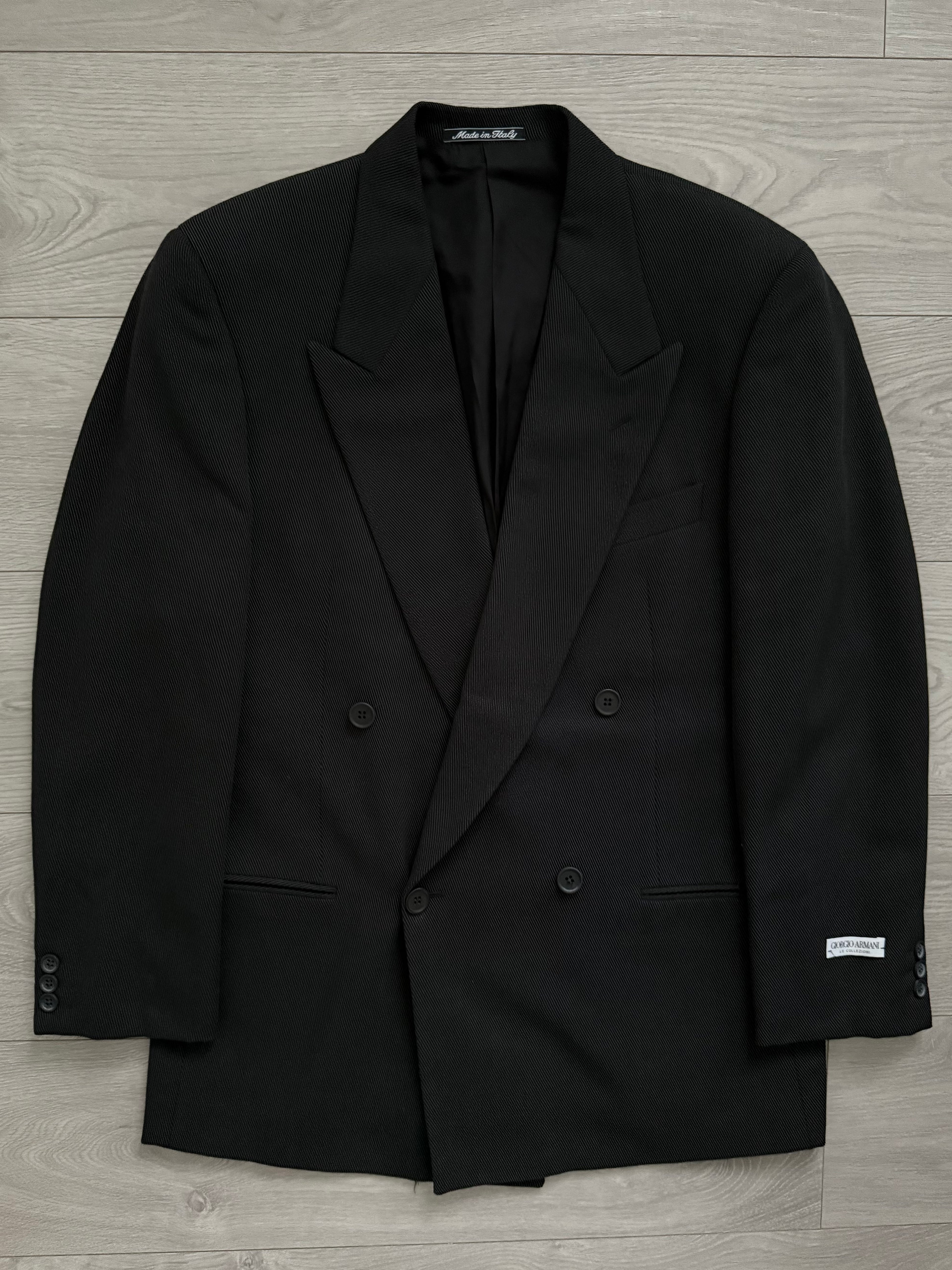 Giorgio Armani 1980s Double Breasted Pleated Wool Suit Black New - Size L Jacket / 32" Waist