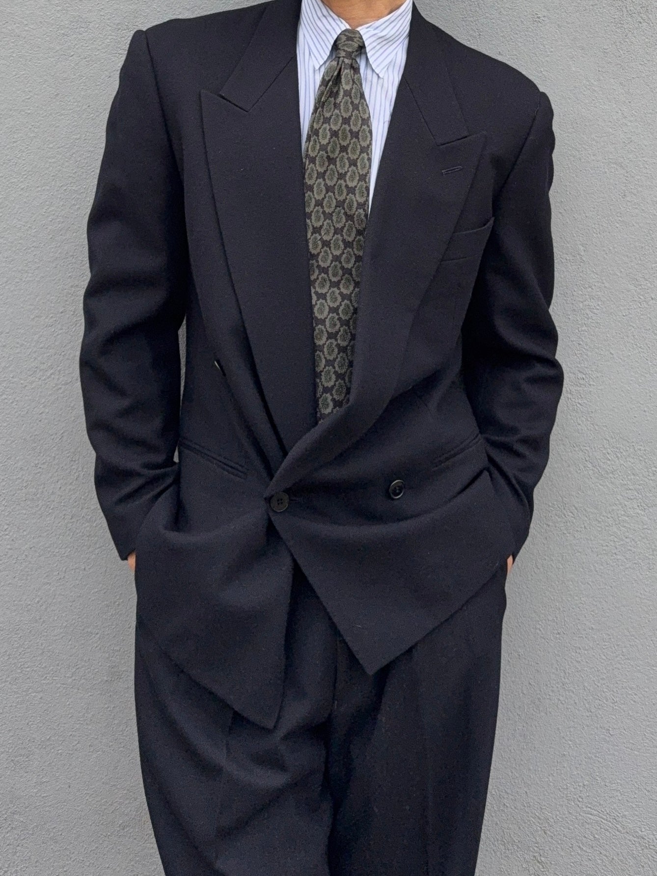 Emporio Armani 1980s Double Breasted Pleated Felt Wool Dark Navy Suit - Size S Jacket / 30" Waist