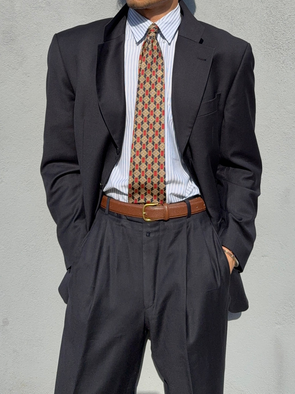 Hugo Boss 1980s 'Posseiden' 3B Super 100s Navy Wool Pleated Suit - Size M Jacket / 31" Waist