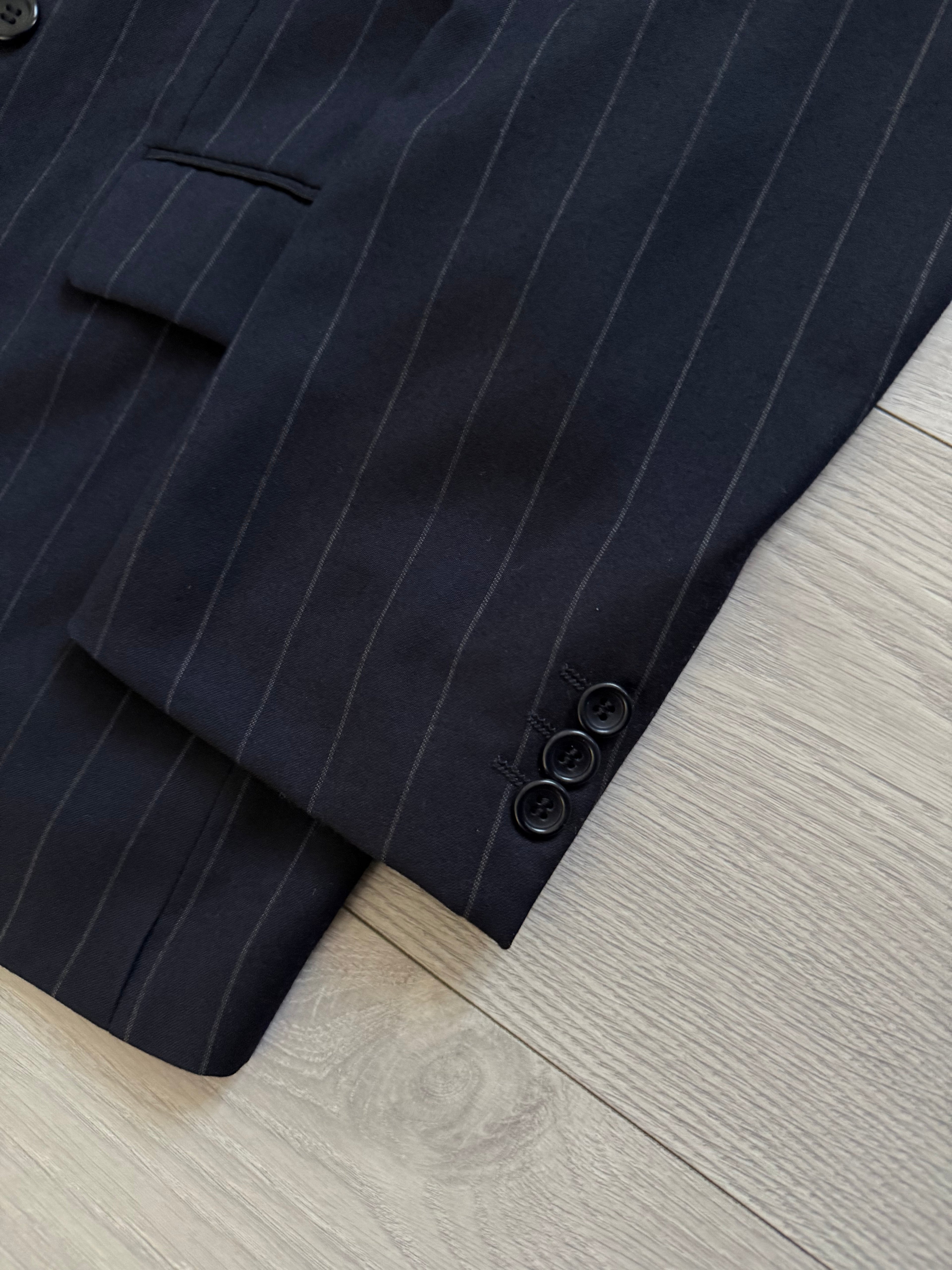 Hugo Boss 1980s 'Al Capone' Peak Lapel Double Breasted Pleated Striped Navy Suit - Size XXL Jacket / 36" Waist