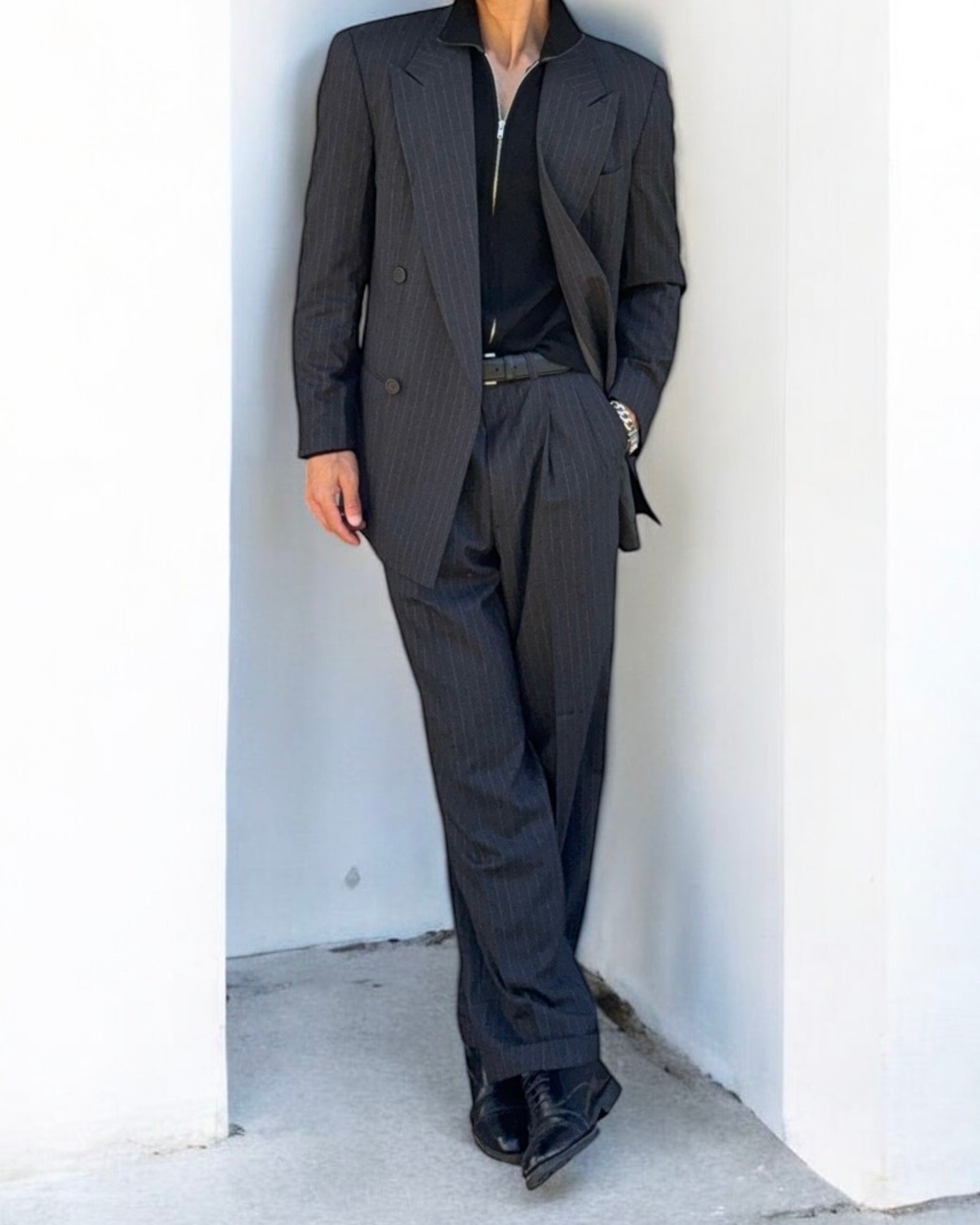 Giorgio Armani 1990s Double-Breasted Pleated Striped Suit - Size M Jacket / 30" Waist