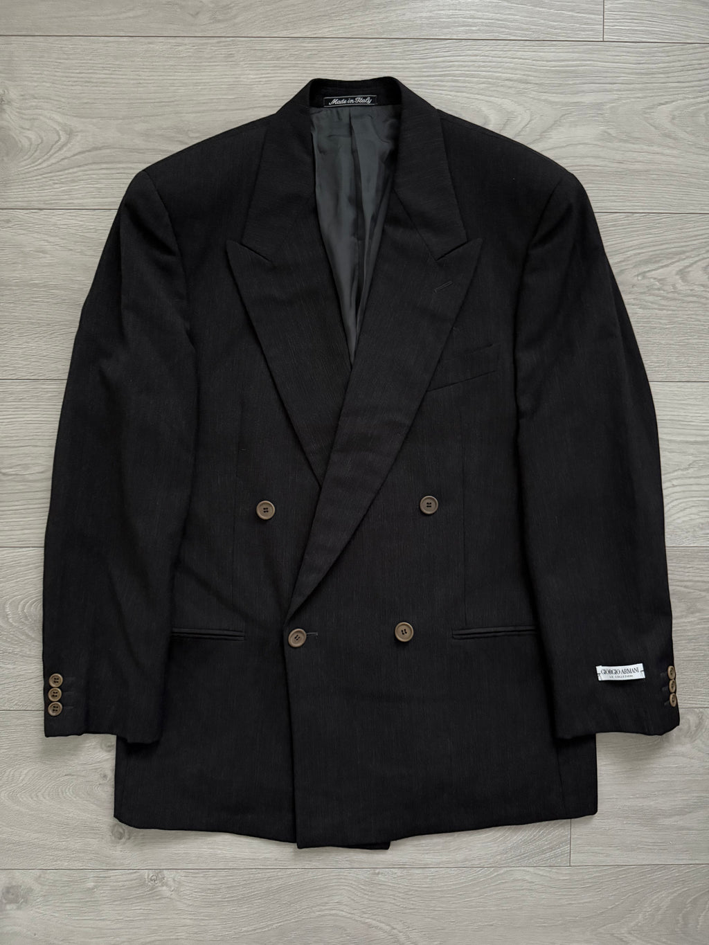 Giorgio Armani 1980s Double Breasted Pleated Wool Suit Espresso Charcoal New - Size L Jacket / 32" Waist
