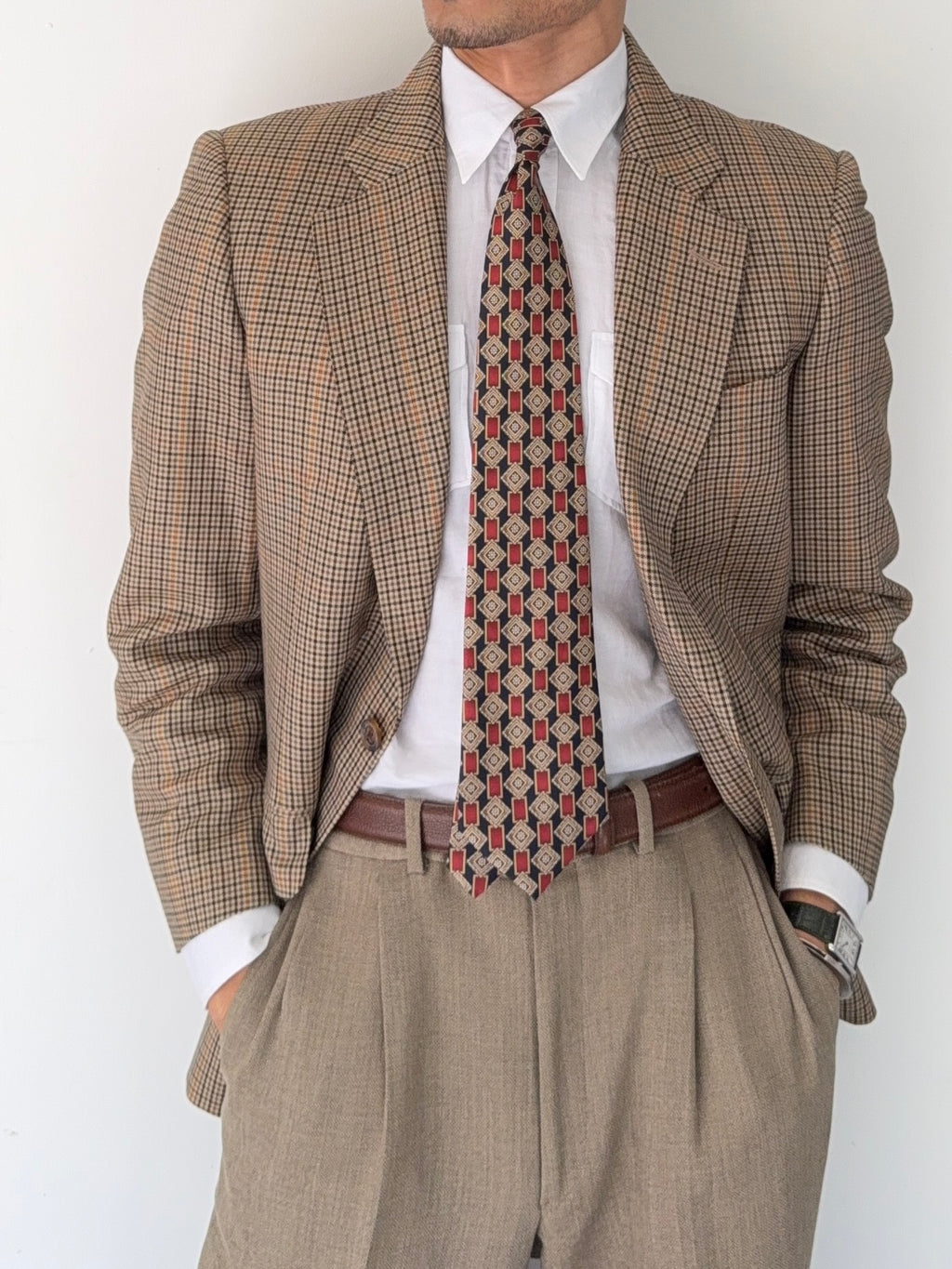 Burberry 1990s 2B Wool Multi-Pattern Tan Sports Jacket Blazer - Size S