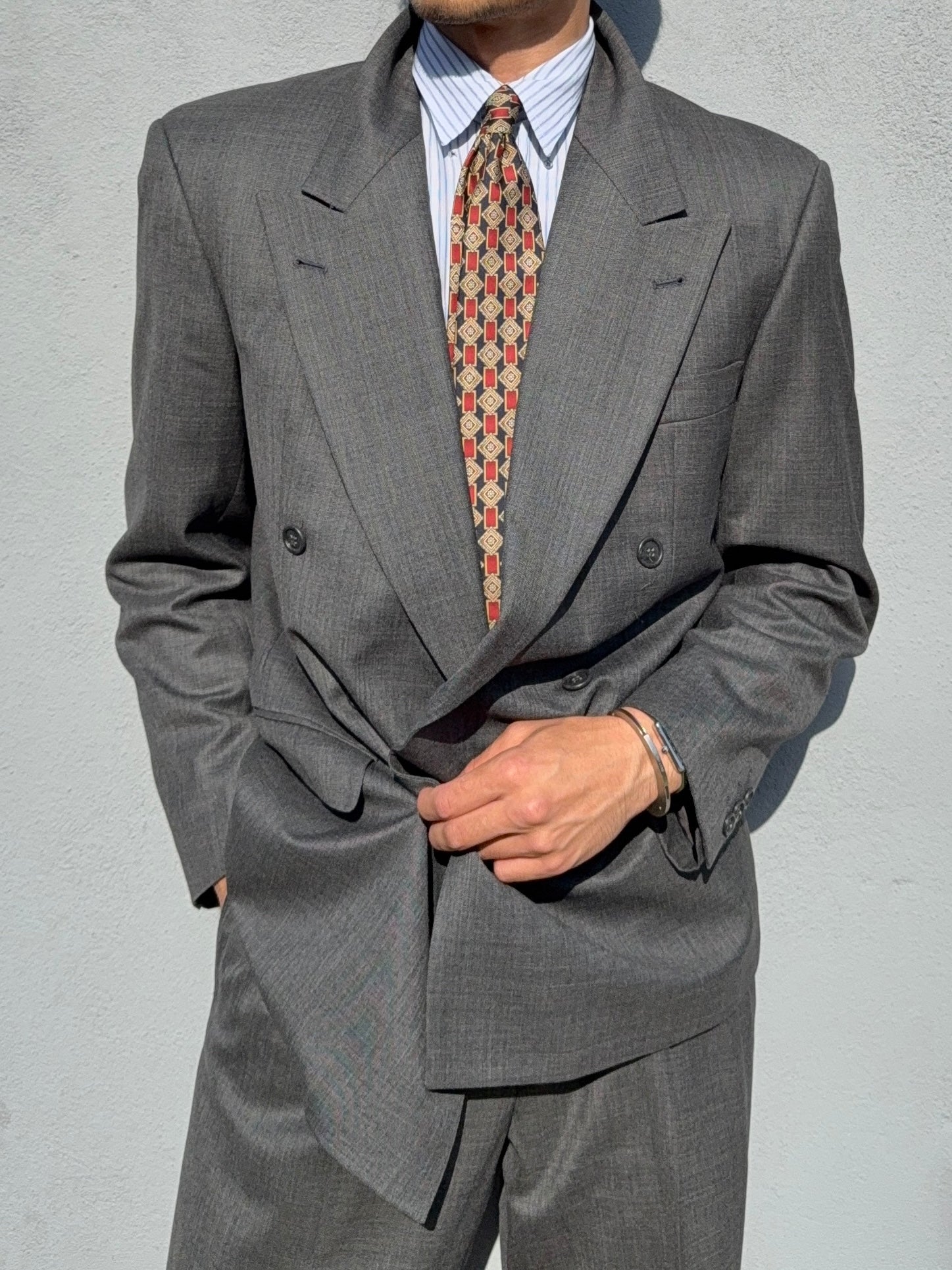 Hugo Boss 1980s 'Bassini Chicago' Peaked Lapel Double Breasted Pleated Wool Cashmere Suit - Size S Jacket / 30" Waist