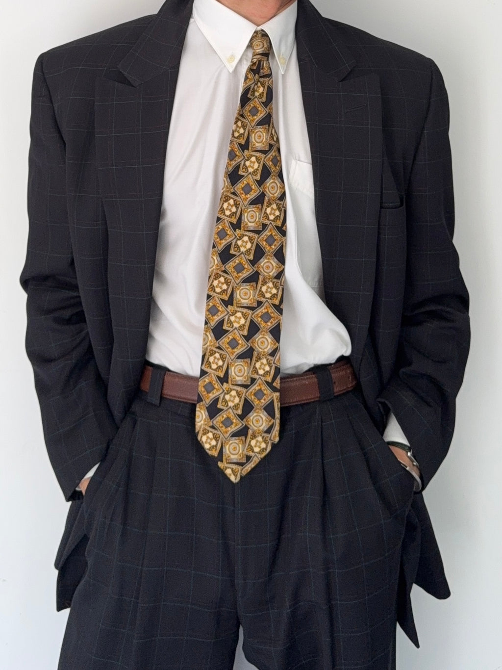 Versace 1980s Notch Lapel Double Breasted Pleated Wool Check Suit Black - Size M Jacket / 32" Waist