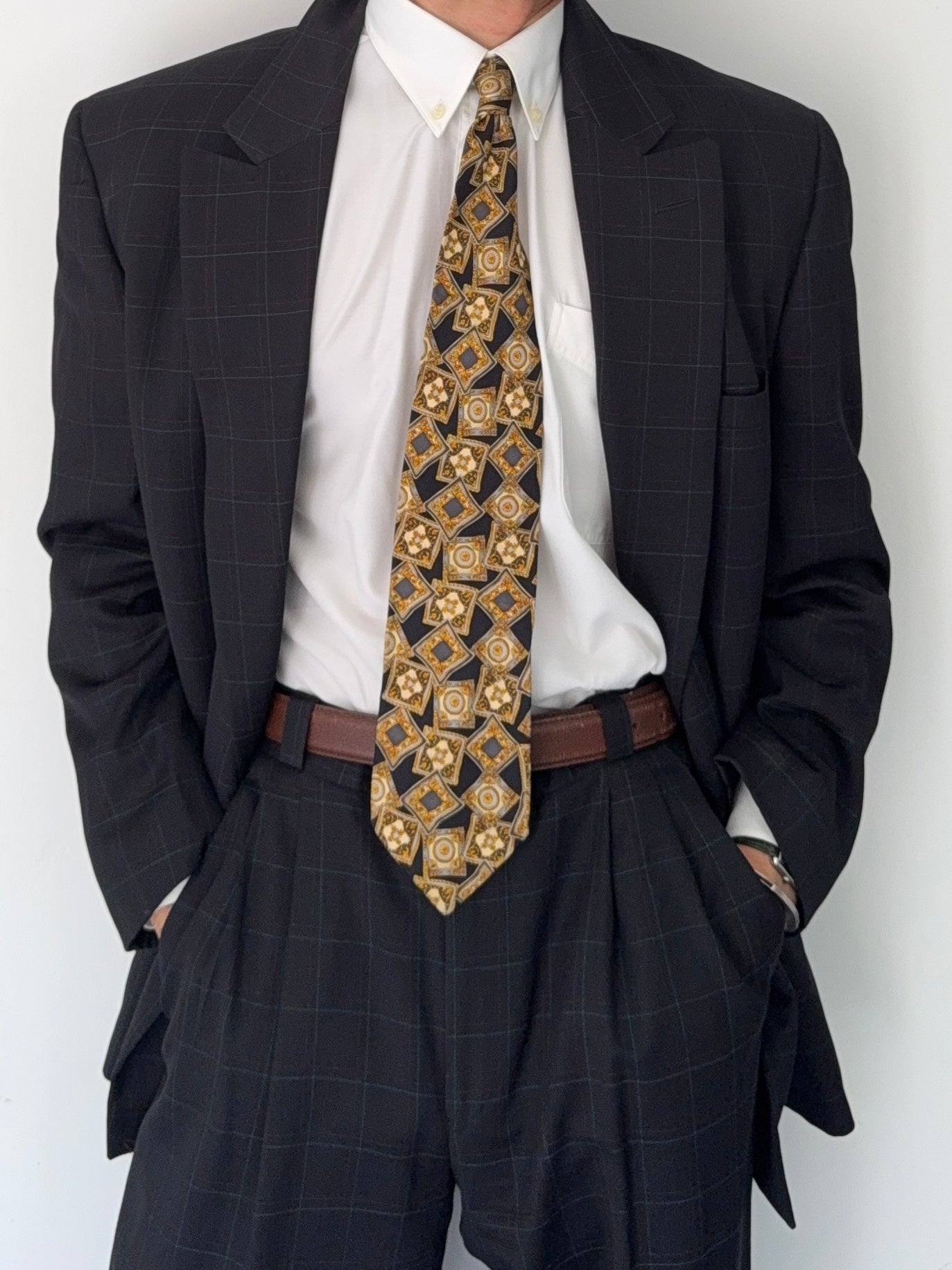 Versace 1980s Notch Lapel Double Breasted Pleated Wool Check Suit Black - Size M Jacket / 32" Waist